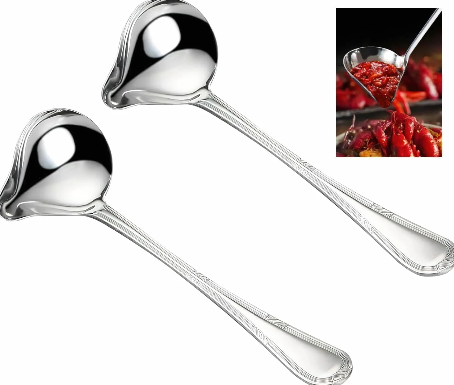 2 sztuki łyżek do sosów ze stali nierdzewnej, chochla srebrna 20 CM, łyżki do sosów z wylewkiem, łyżki do sosów małe na dressingi, sosy do zup, sosy do mięsa, chochla mała do stylowego