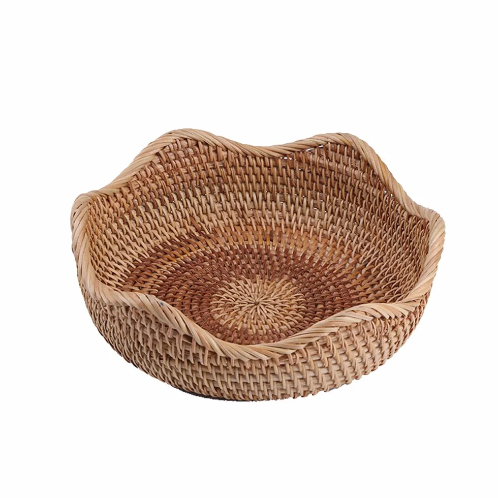 Ręcznie wykonany rattanowy okrągły kosz na owoce, miski do przechowywania żywności, organizer do kuchni, miska do serwowania przekąsek (mały 22 cm)
