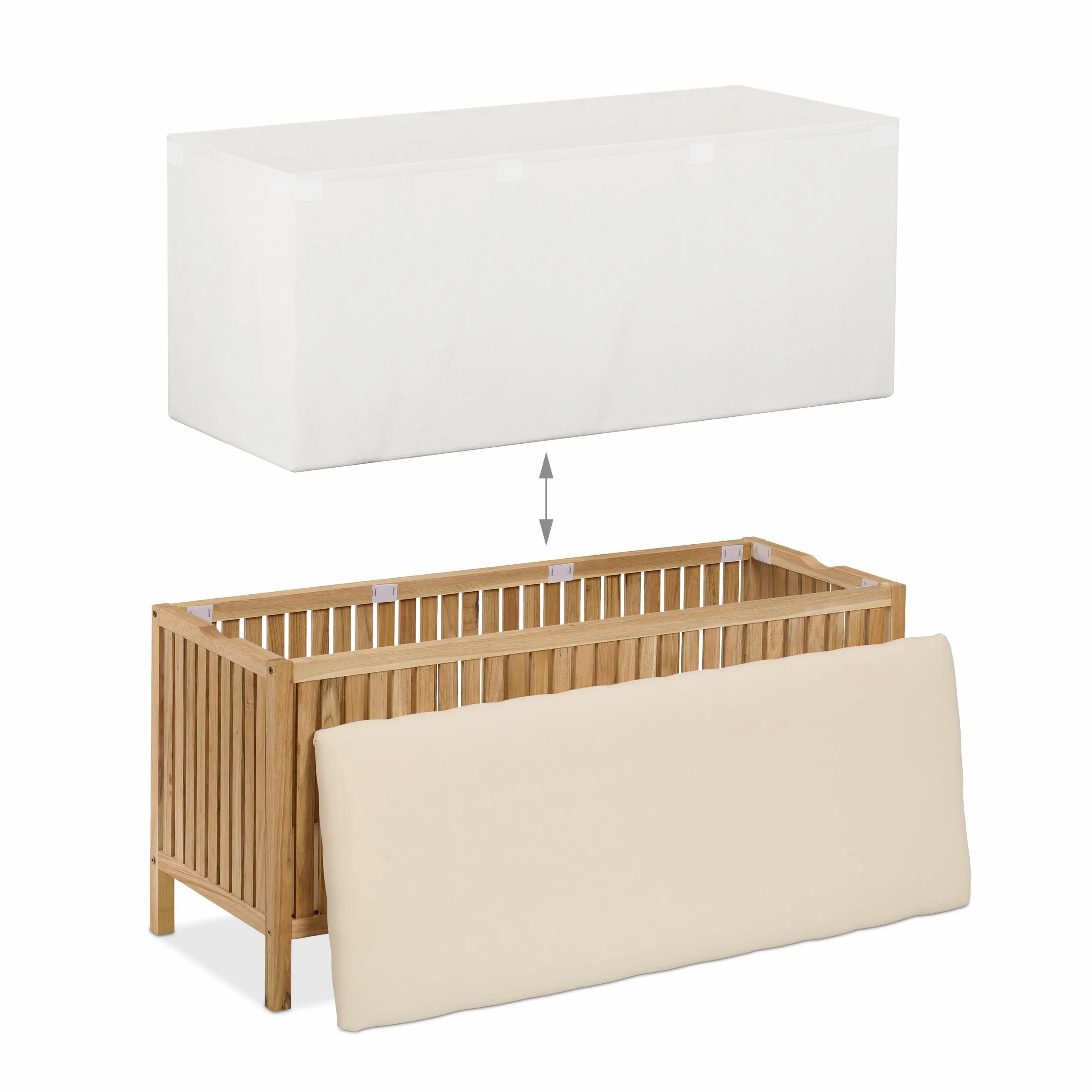 Relaxdays Skrzynia na pranie z siedziskiem, taboret łazienkowy z miejscem do przechowywania, 100 l kosz na pranie, wys. x gł.: 50 x 100 x 38 cm, drewno/tkanina, naturalna/biała