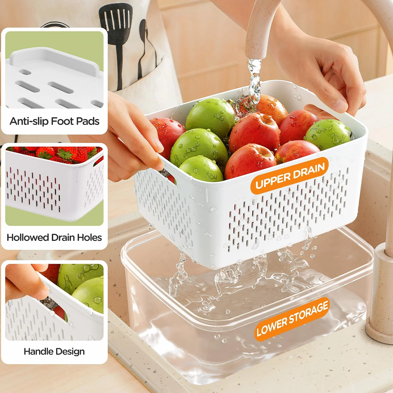 Pojemniki do przechowywania owoców do lodówki ze zdejmowanymi durszlakami, 5 plastikowych pojemników do przechowywania żywności z 5 pokrywkami, szczelne pojemniki na produkty, utrzymują owoce,