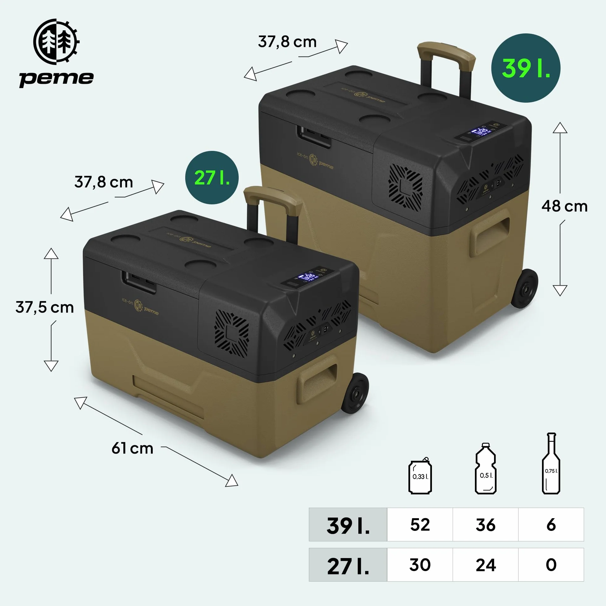 peme Expedition Elektryczna Lodówka Kompresorowa 27-39 L - Chłodziarka i Zamrażarka, Chłodzenie -20°C, Podwójne Zasilanie 12V/24V & 230V, Aplikacja Bluetooth, Tryb Eco, do Samochodu, Kempingu