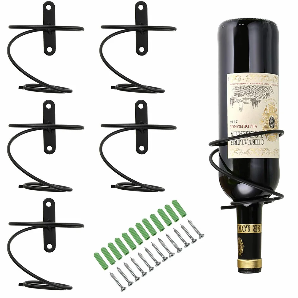 BSTKEY 6 szt. montowane na ścianie żelazne stojaki na butelki wina – czerwone wino dla dorosłych, uchwyt ekspozycyjny na butelki alkoholu, metalowy wiszący organizer na wino, uchwyt do przechowywania butelek, spirala