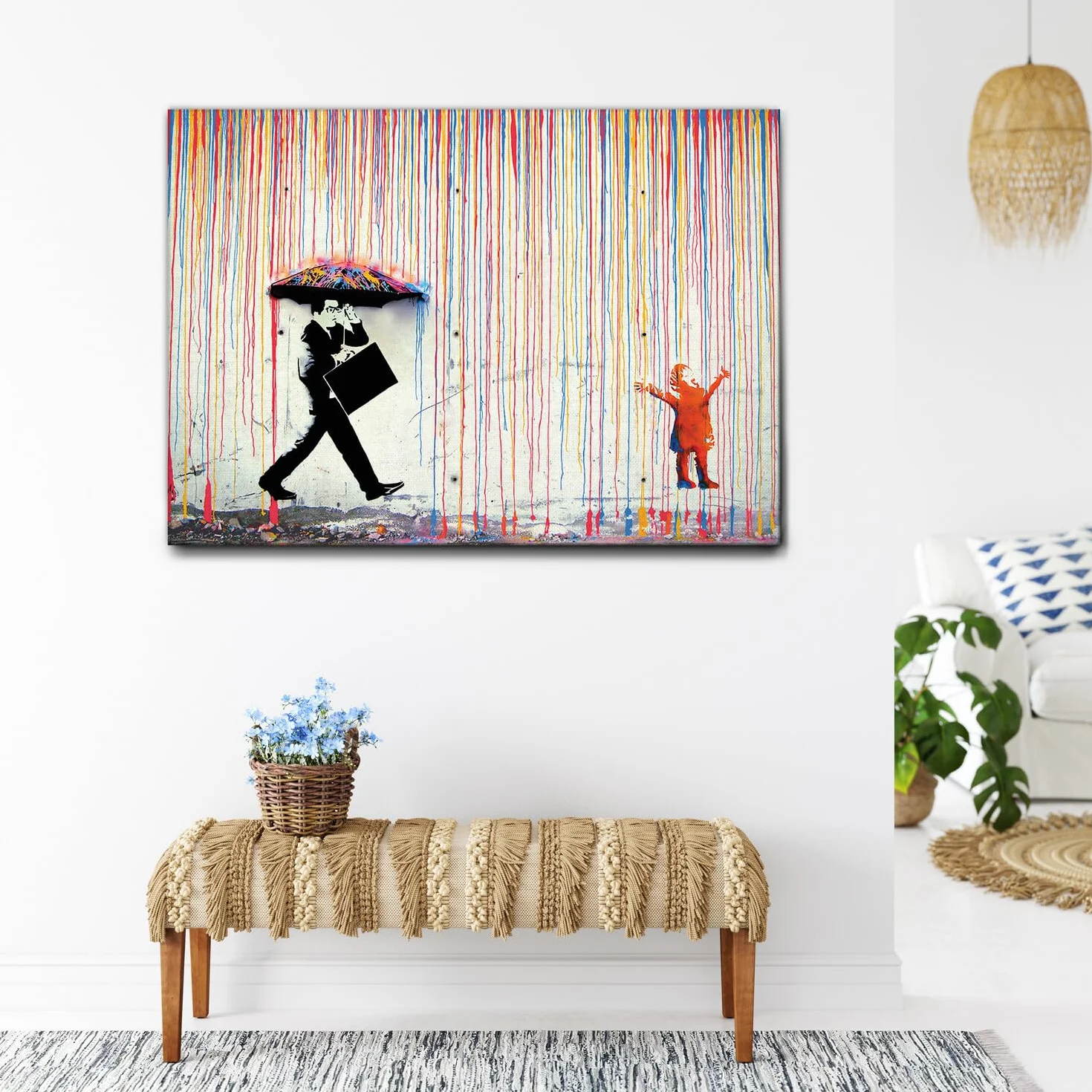 Giallobus - Obraz - Banksy - Deszcz kolorów - Standaard frame canvas - 140L x 100l cm - Gotowe do powieszenia - Nowoczesne obrazy do domu