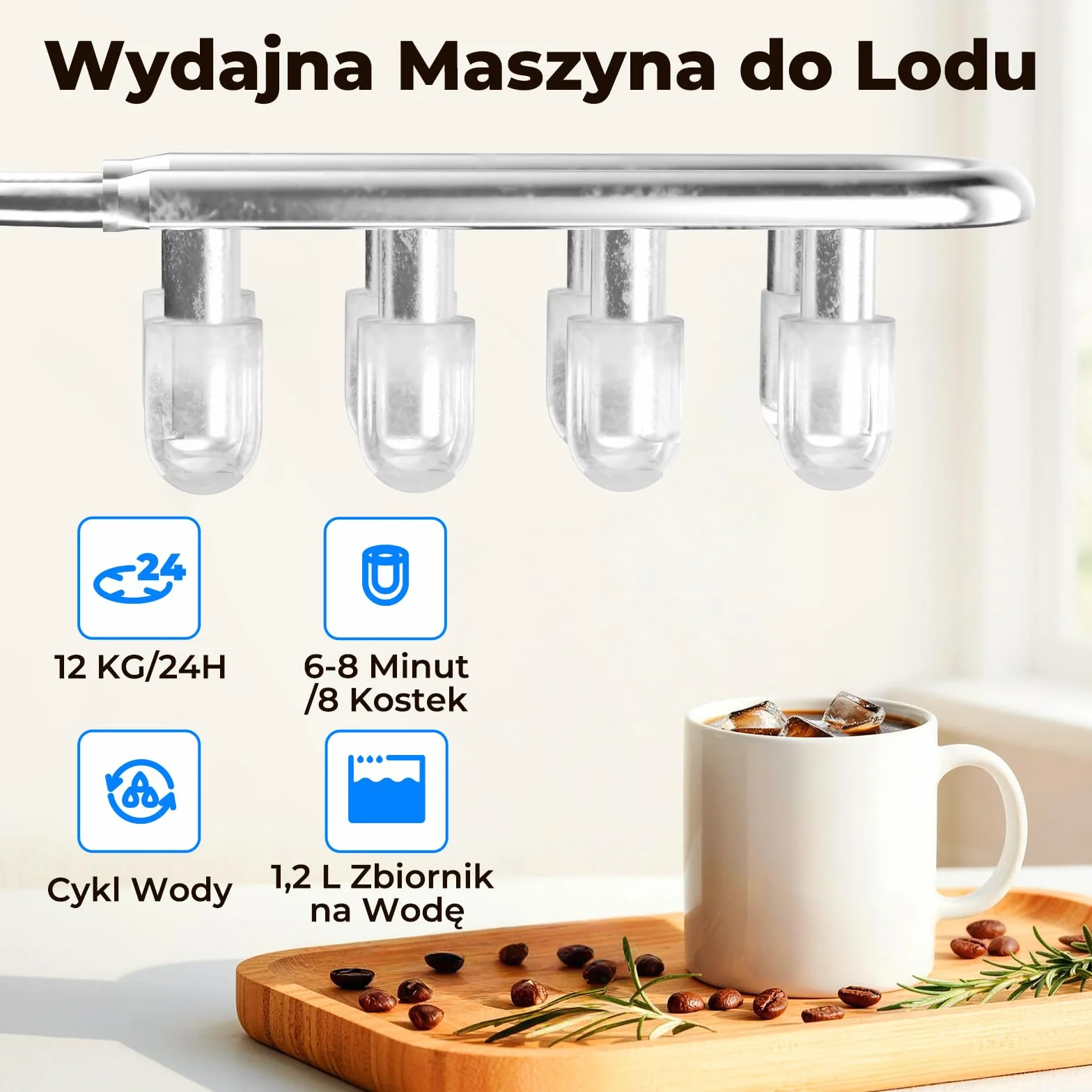 Maszyna do Lodu 12KG/24H Samoczyszczenie Zbiornik 1.2L 2 Rozmiary Kostek Lodu Czarny
