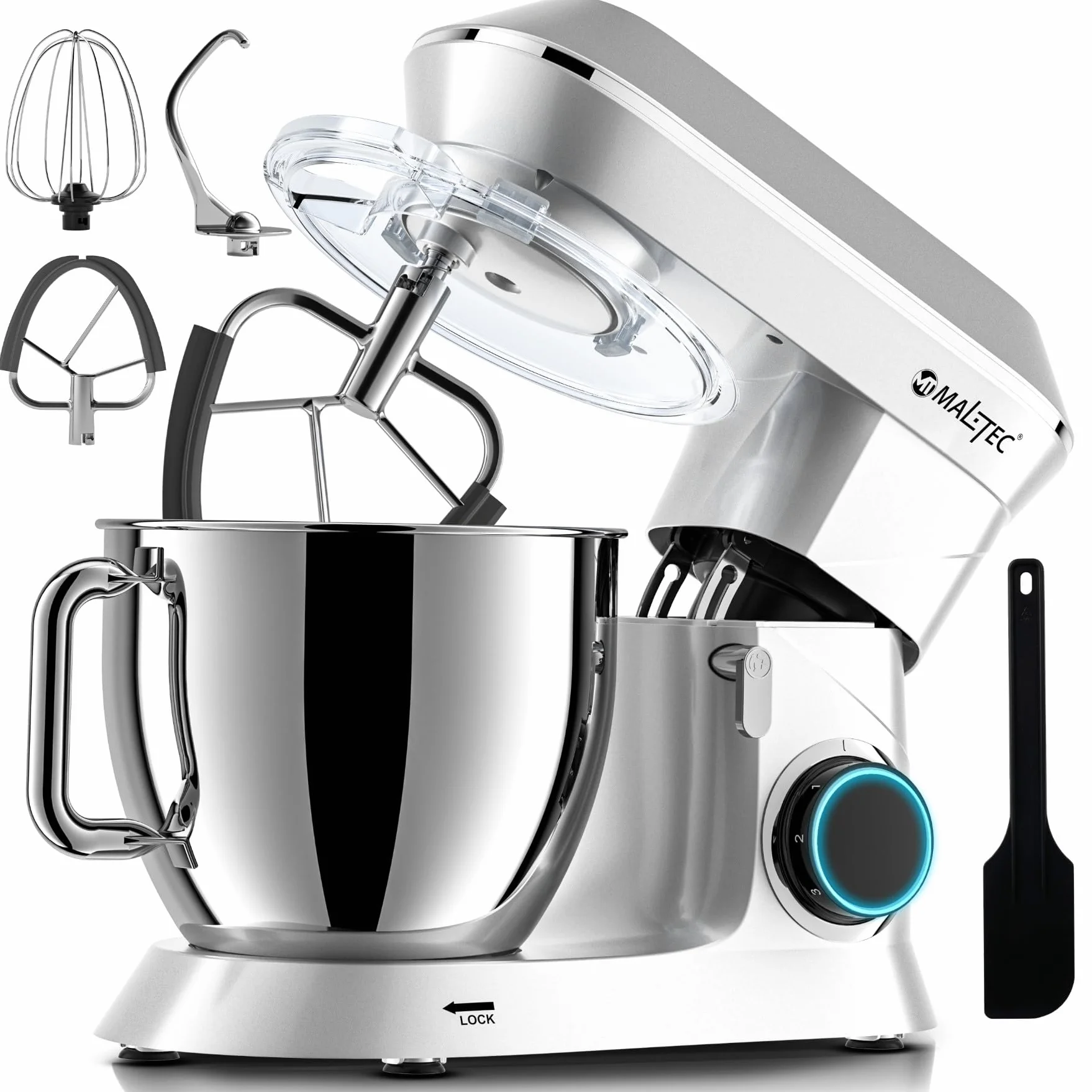 MalTec Planet robot kuchenny | MaltecChef 2200 W maszyna do ugniatania | mieszadło, hak do zagniatania, trzepaczka, ochrona przed pryskaniem | 6 prędkości i 4 funkcje | robot kuchenny SILVER 6 l
