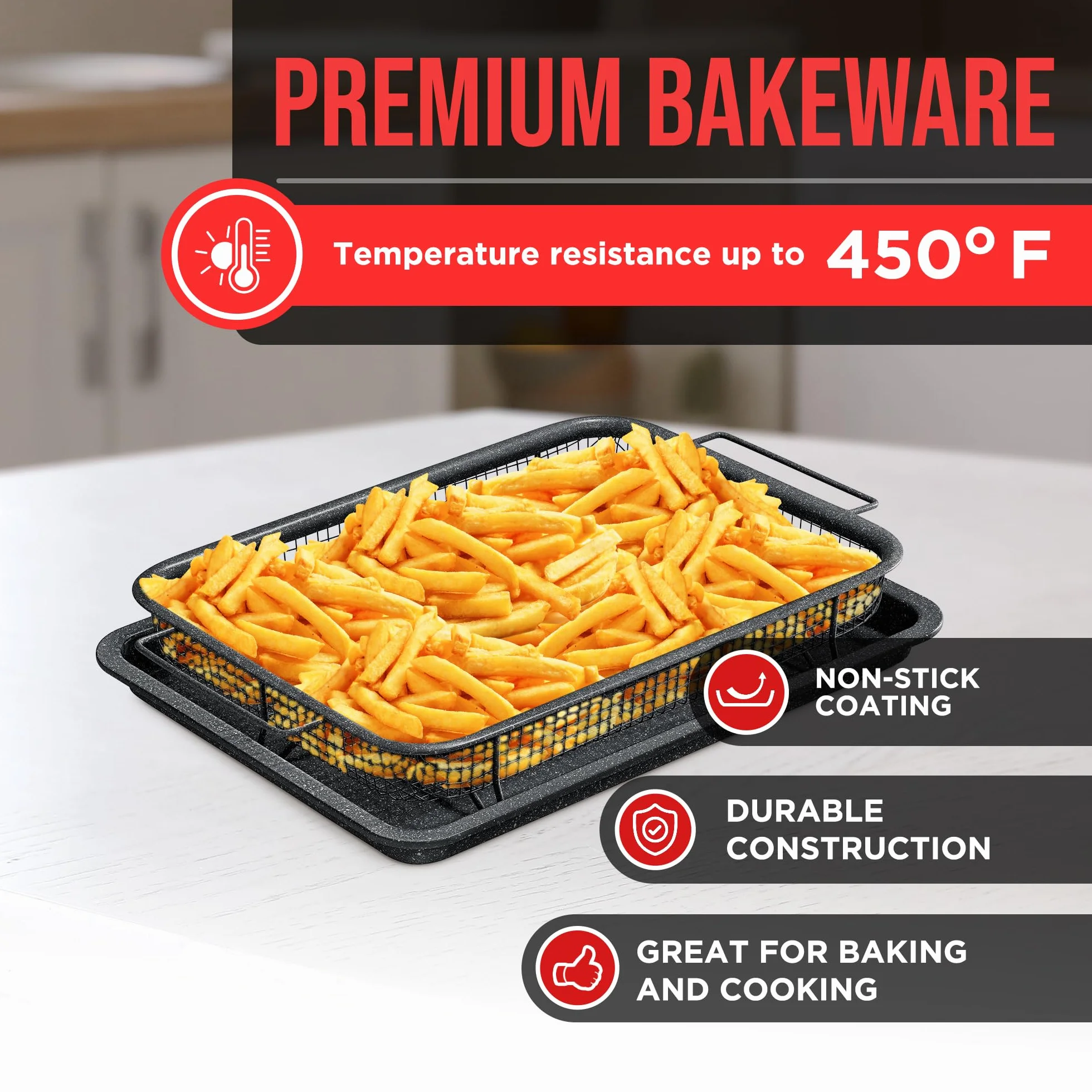 Bakken Swiss Crisper Tray – 2-częściowy zestaw – szary marmur, nieprzywierający kosz dla zdrowszego gotowania w zwykłych piekarnikach – uzyskaj idealnie chrupiące chipsy, bekon i nie tylko