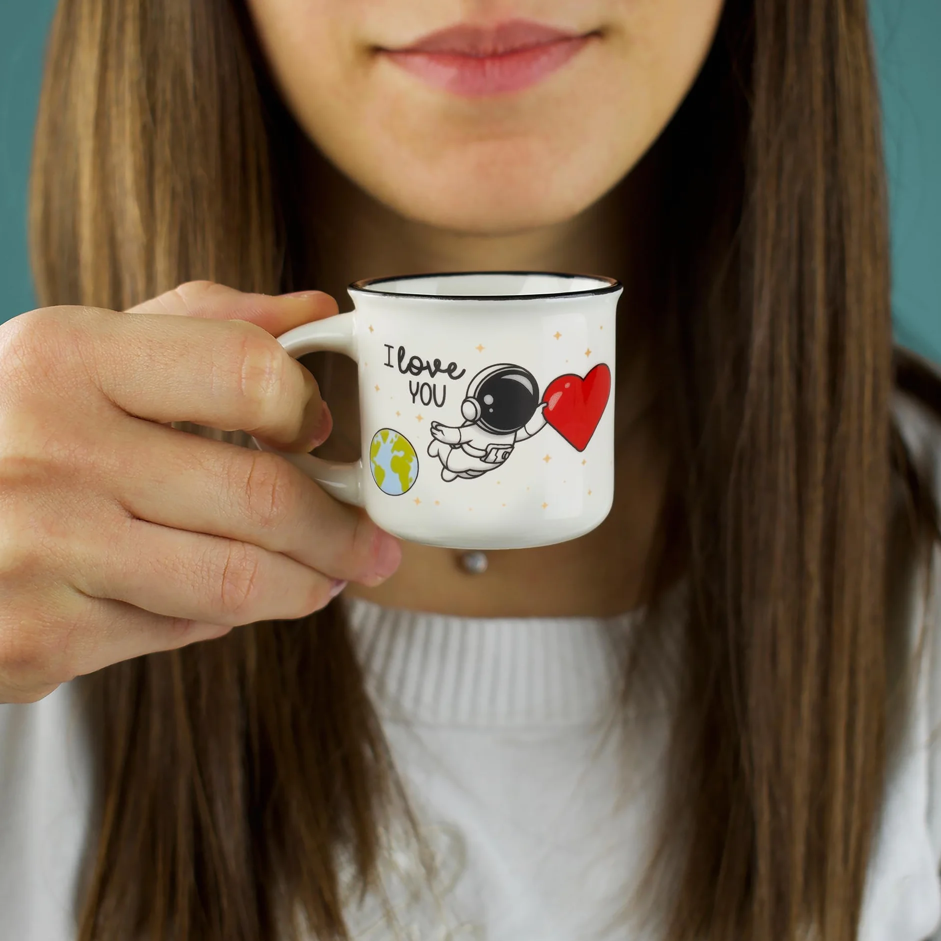 Legami - Filiżanki do Kawy Espresso For Two, 2 Szt. Porcelanowy Kubek z Nowej Kostnej Porcelany, Nadaje Się do Mycia w Zmywarce, Motyw Astronauta I Love You, Średnica 5,5 cm