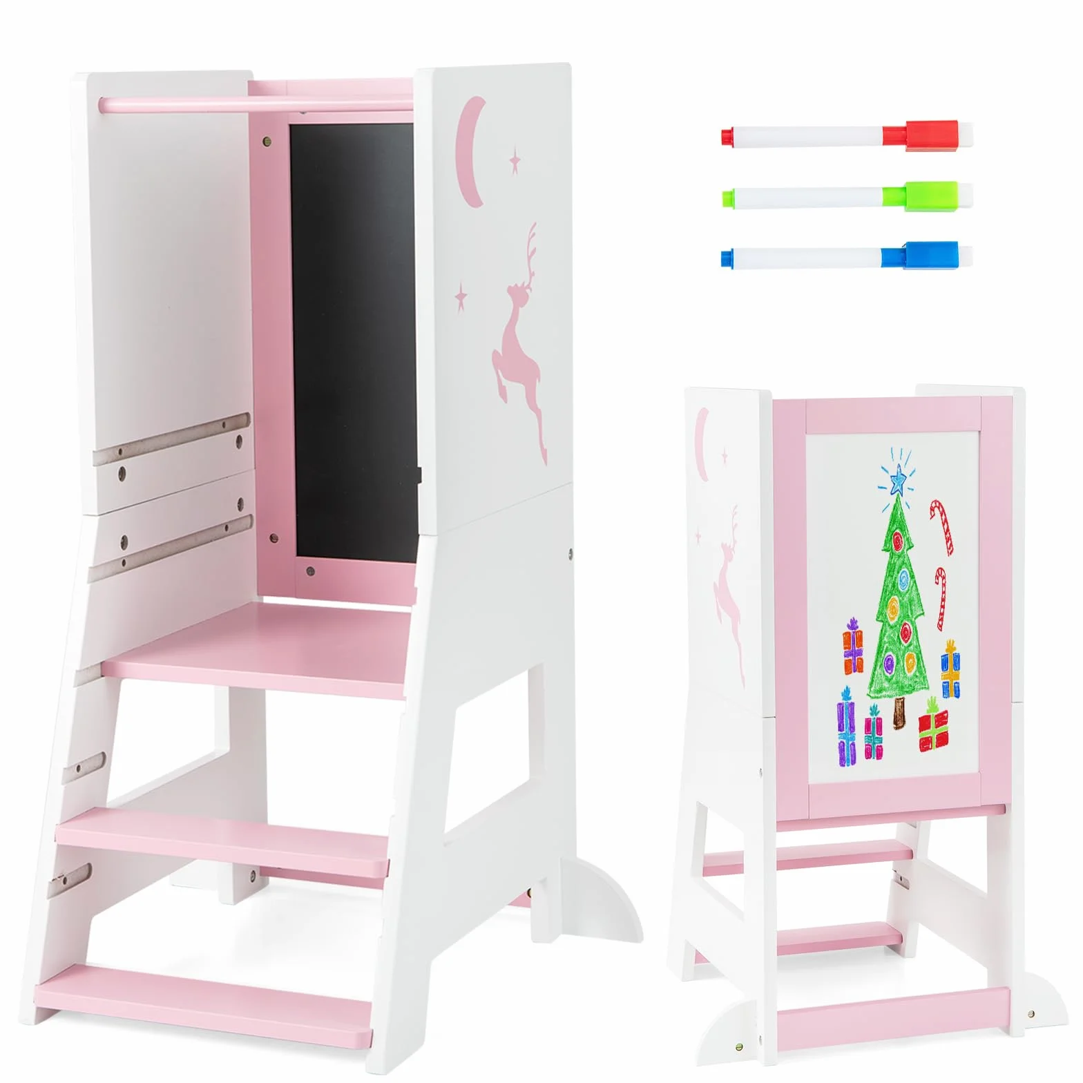 COSTWAY Wieża edukacyjna dla dzieci, 2 w 1, taboret do stąpania montessori z 3 regulowanymi wysokościami i dwustronną tablicą, stołek z 3 bolcami, pomocnik kuchenny dla dzieci od 1 lat, obciążenie 70