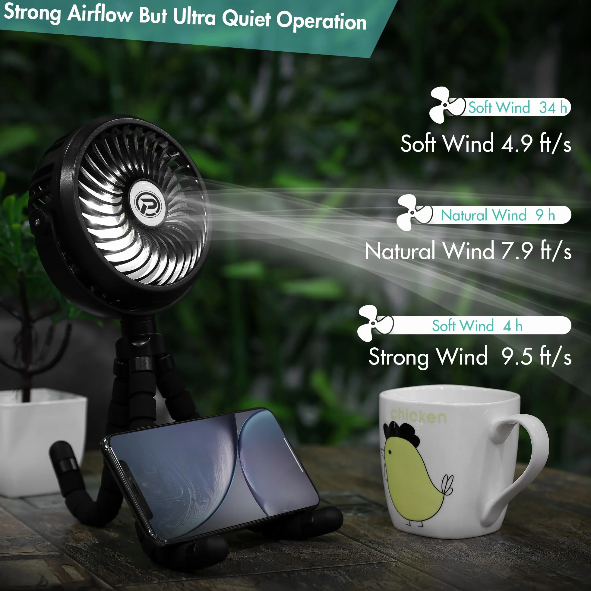 Mini Ventilador USB,2600mAh alimentado por batería oscilante 360° Girar 3 Velocidades para coche / cochecito / caminadora / camping / barbacoa / gimnasio