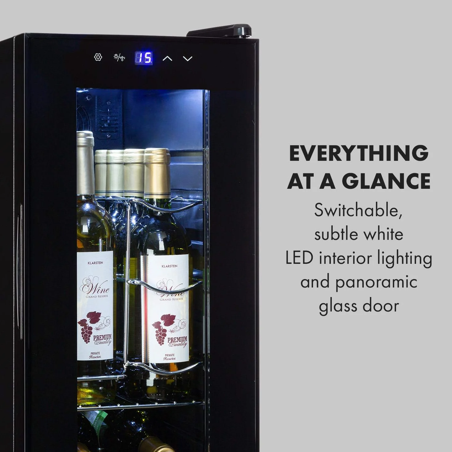 Klarstein Shiraz, chłodziarka do wina - mini lodówka, lodówka do wina, winiarka, kompaktowa chłodziarka na wino, przejrzysty dotykowy panel, led oświetlenie wnętrza, kolor czarny, wariant: 32l, 12 butelek