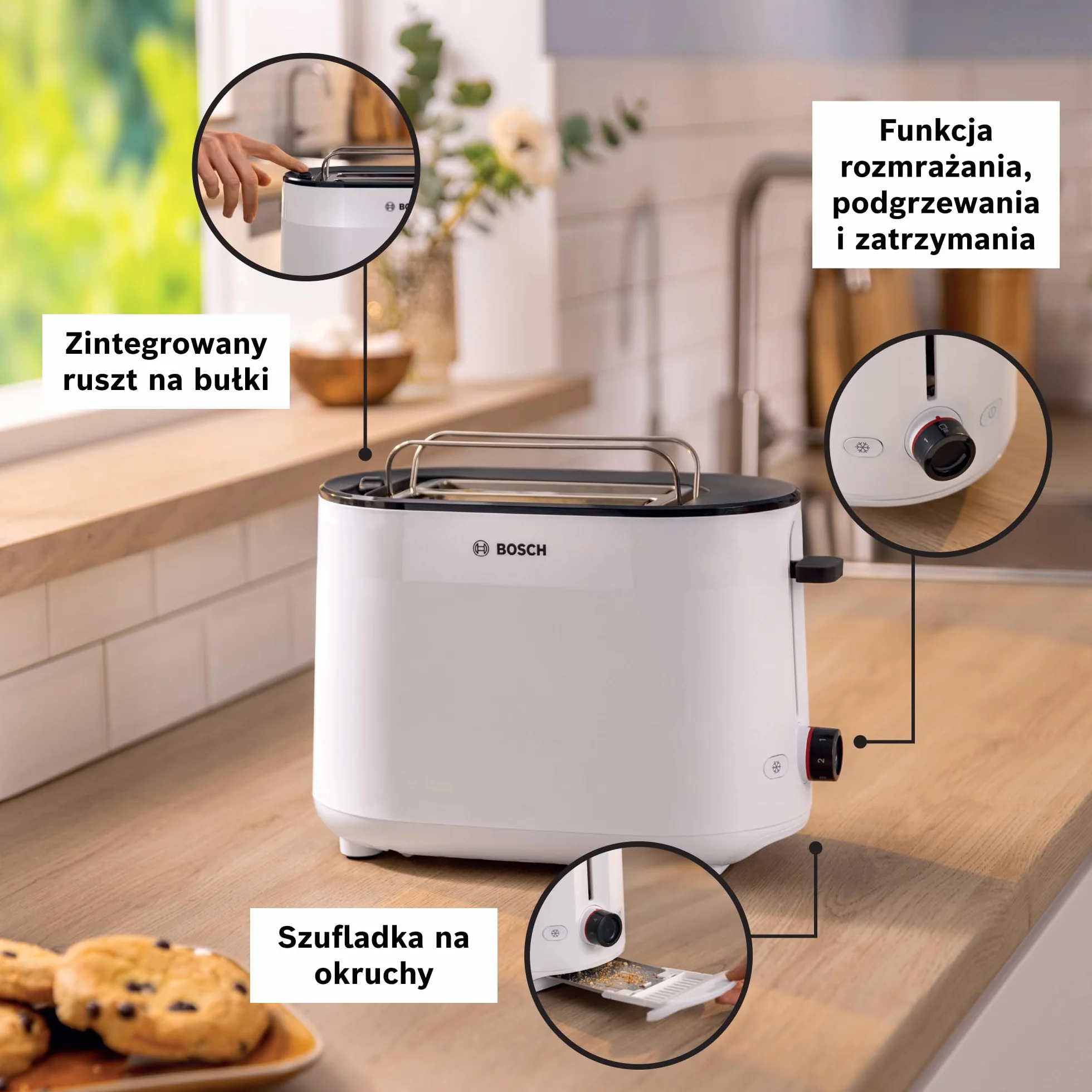 Bosch, toster, MyMoment, pojemnik na 2 kromki, podgrzewanie, rozmrażanie, ruszt na bułki, funkcja wysokiego podnoszenia, automatyczne wyłączanie, biały, TAT2M121