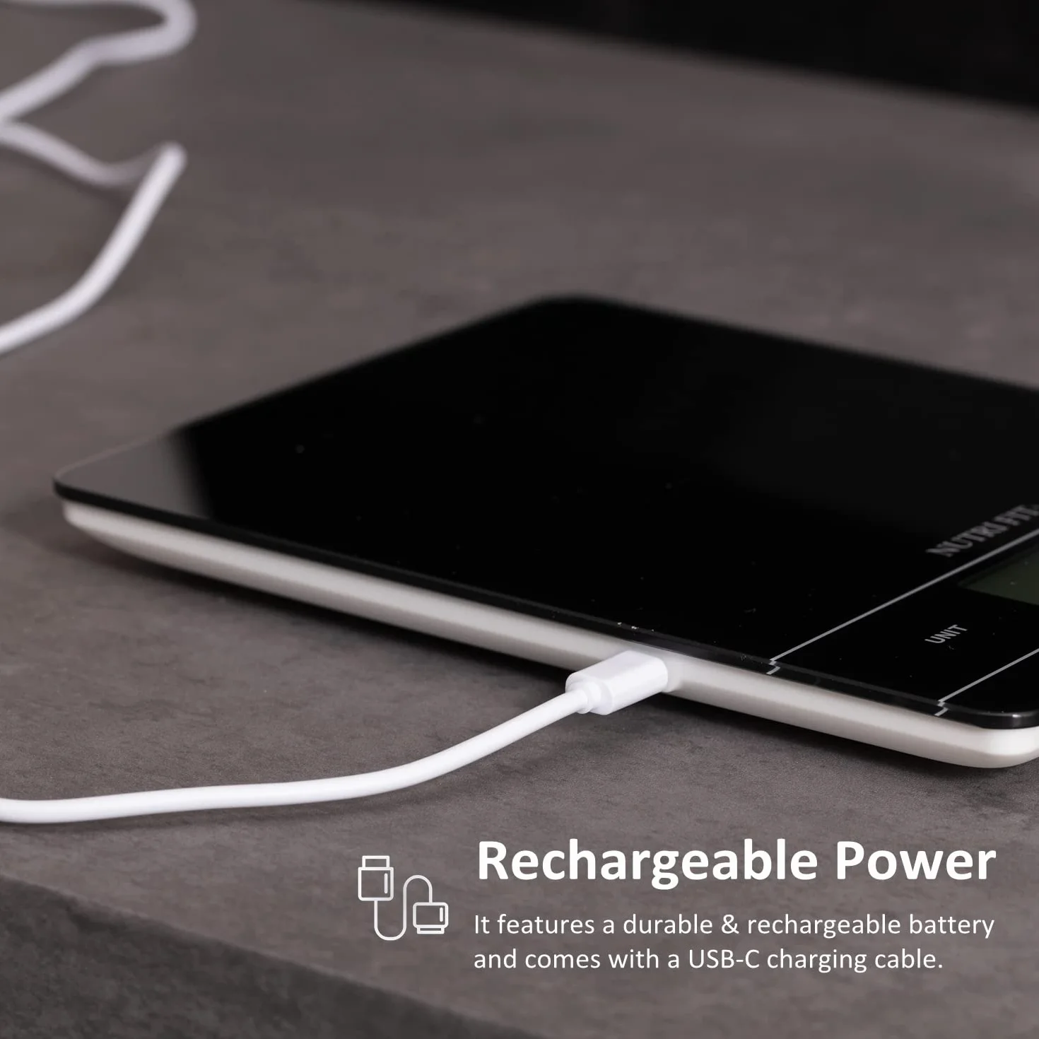 NUTRI FIT Cyfrowa waga kuchenna z możliwością ponownego ładowania, USB typu C, elektroniczna waga do żywności, szeroka platforma ważenia ze szkła hartowanego, podświetlany wyświetlacz LCD, 11 lb/5 kg