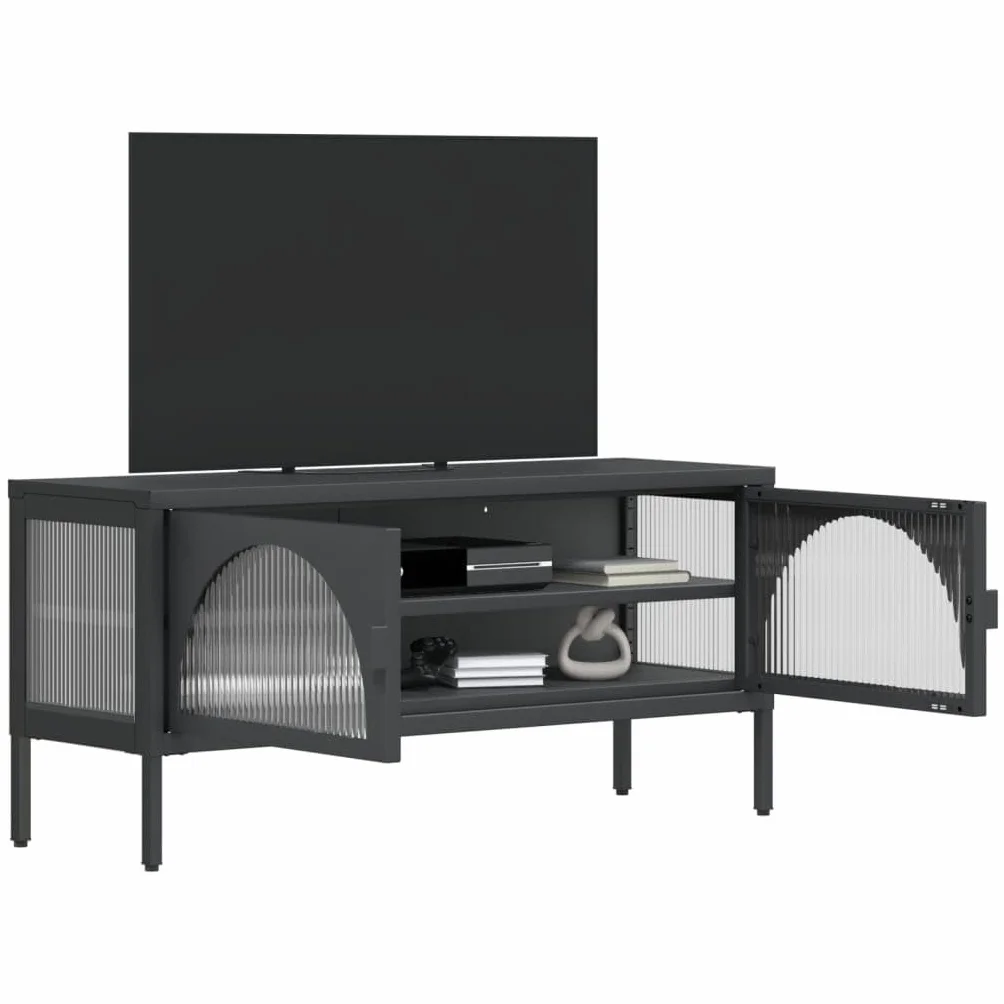 Szafka pod telewizor, czarna, 105 x 35 x 50 cm, szkiełko, stal malowana proszkowo, nowoczesna, do salonu, konsola multimedialna