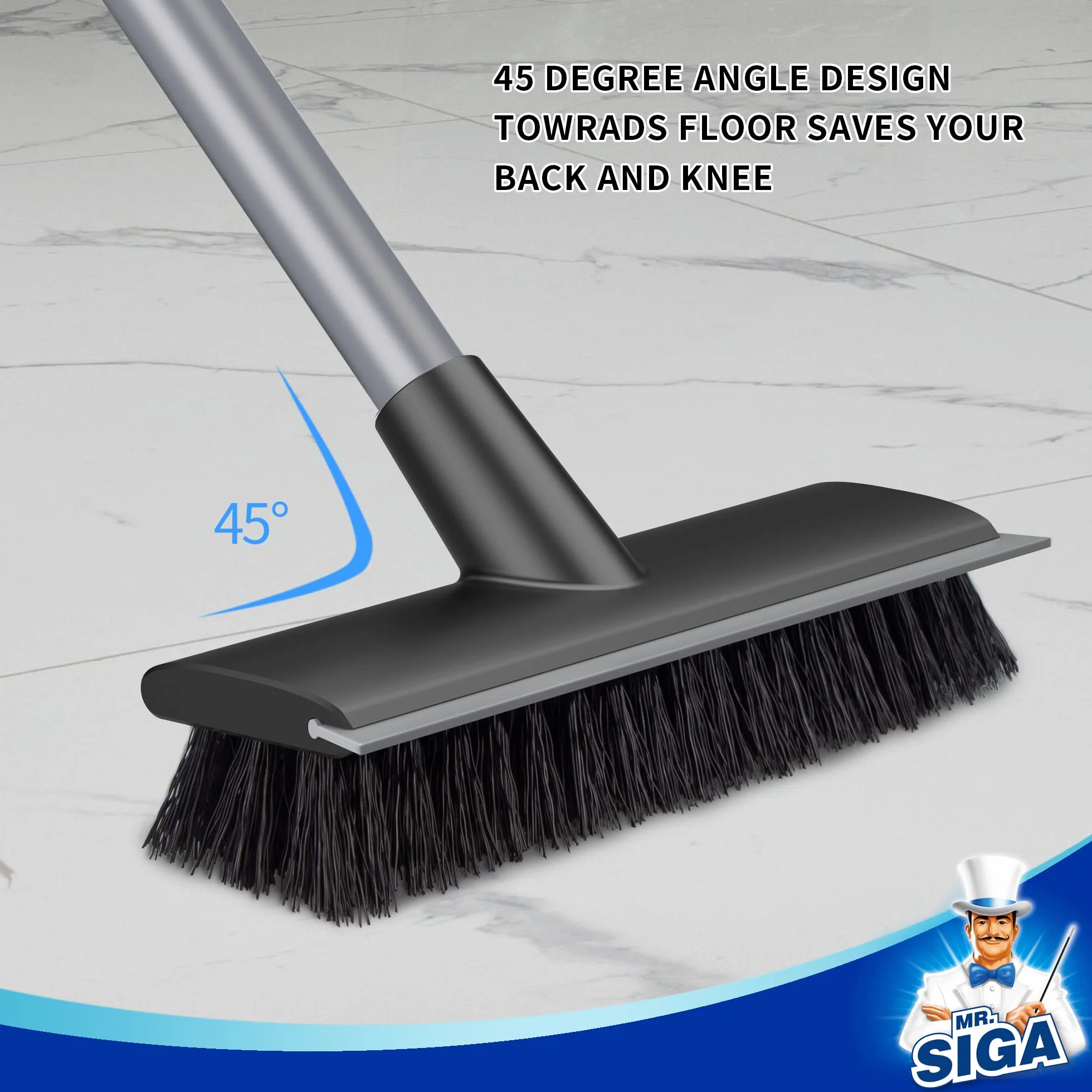 MR.SIGA Szczotka do szorowania podłóg 2 w 1 z długim uchwytem, sztywne włosie
