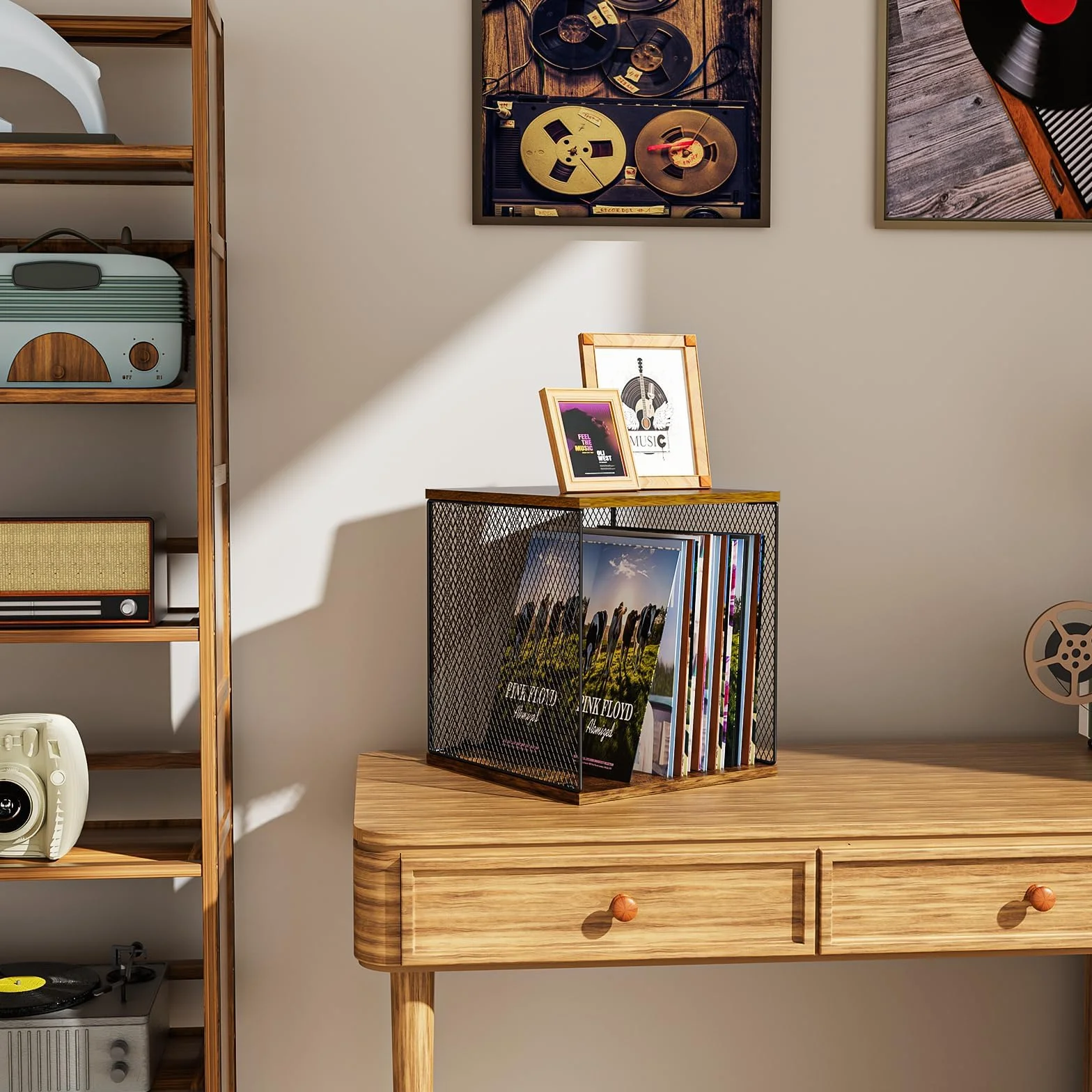 Stojak na płyty półka płyta winylowa przechowywanie meble wizualizacja album pudełko do przechowywania kostka naturalny drewniany organizer skrzynia DIY można układać w stos 55-60 szafka na płyty