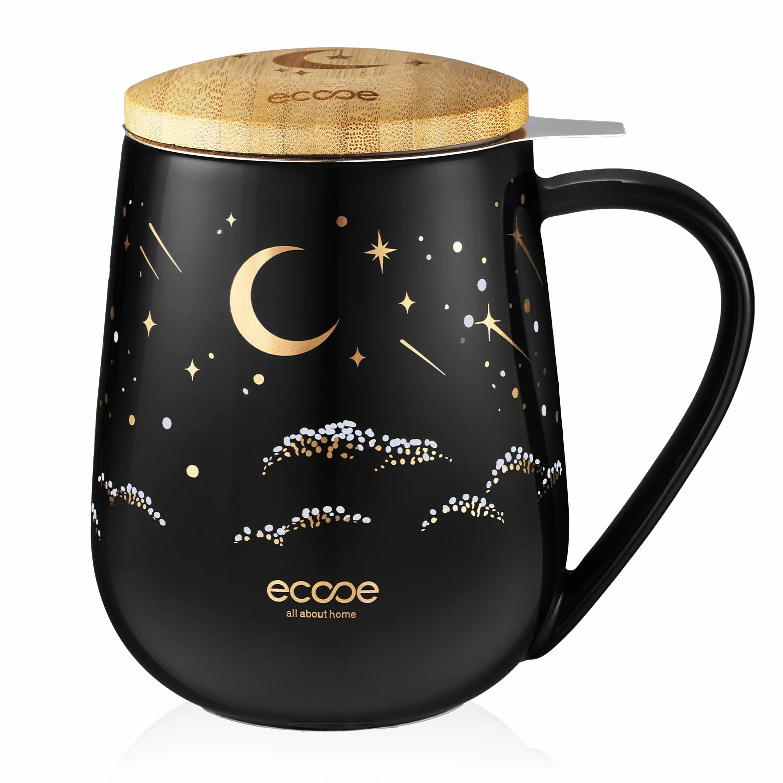 ecooe Filiżanka do herbaty z pokrywką i sitkiem – 600 ml ceramiczna filiżanka do herbaty, duże filiżanki do herbaty z sitkiem i pokrywką, czarne ceramiczne kubki do herbaty zestaw z uchwytem na