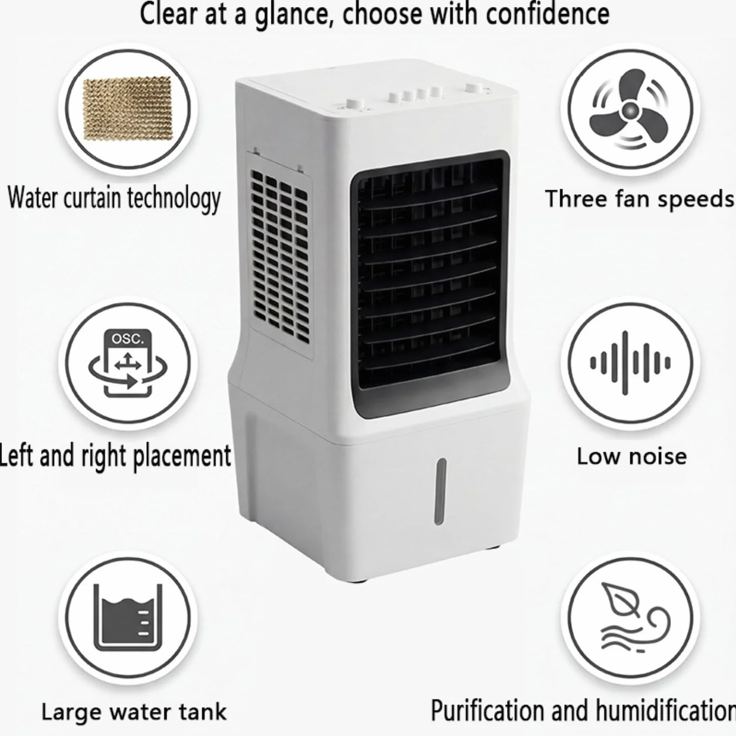 Przenośna klimatyzacja,Klimatyzator przenośny Swamp Cooler bez okien z chłodzeniem wodnym, wentylatorem AC, 3 prędkościami i trybami, oscylacyjny, parowy, 60°, do sypialni, cichy cyrkulator