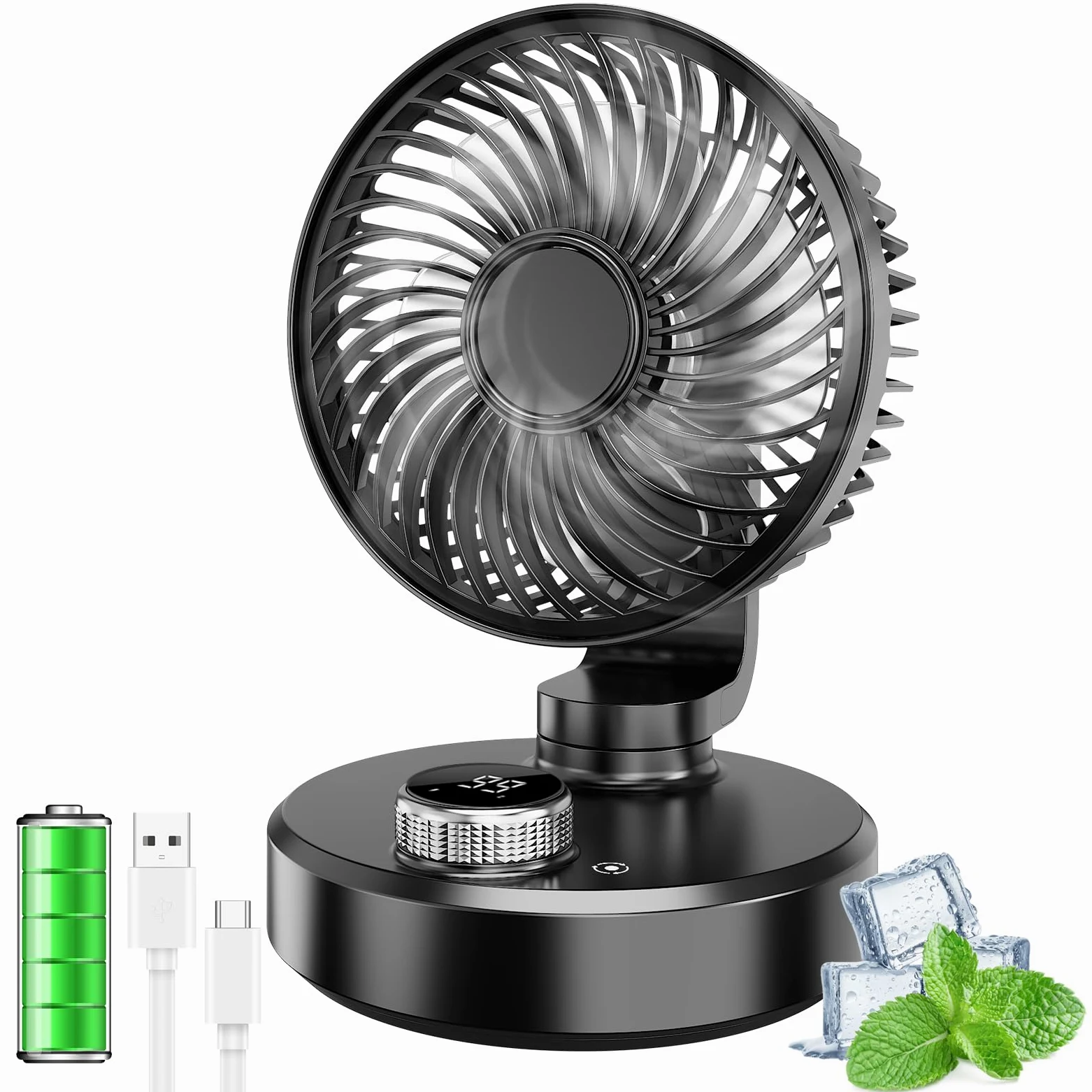 Wentylator biurkowy, mały, cichy przenośny wentylator z wyświetlaczem LCD 6000 mAh, akumulator, 6 prędkości, mini USB wentylator stołowy do biura domowego na kemping (czarny)