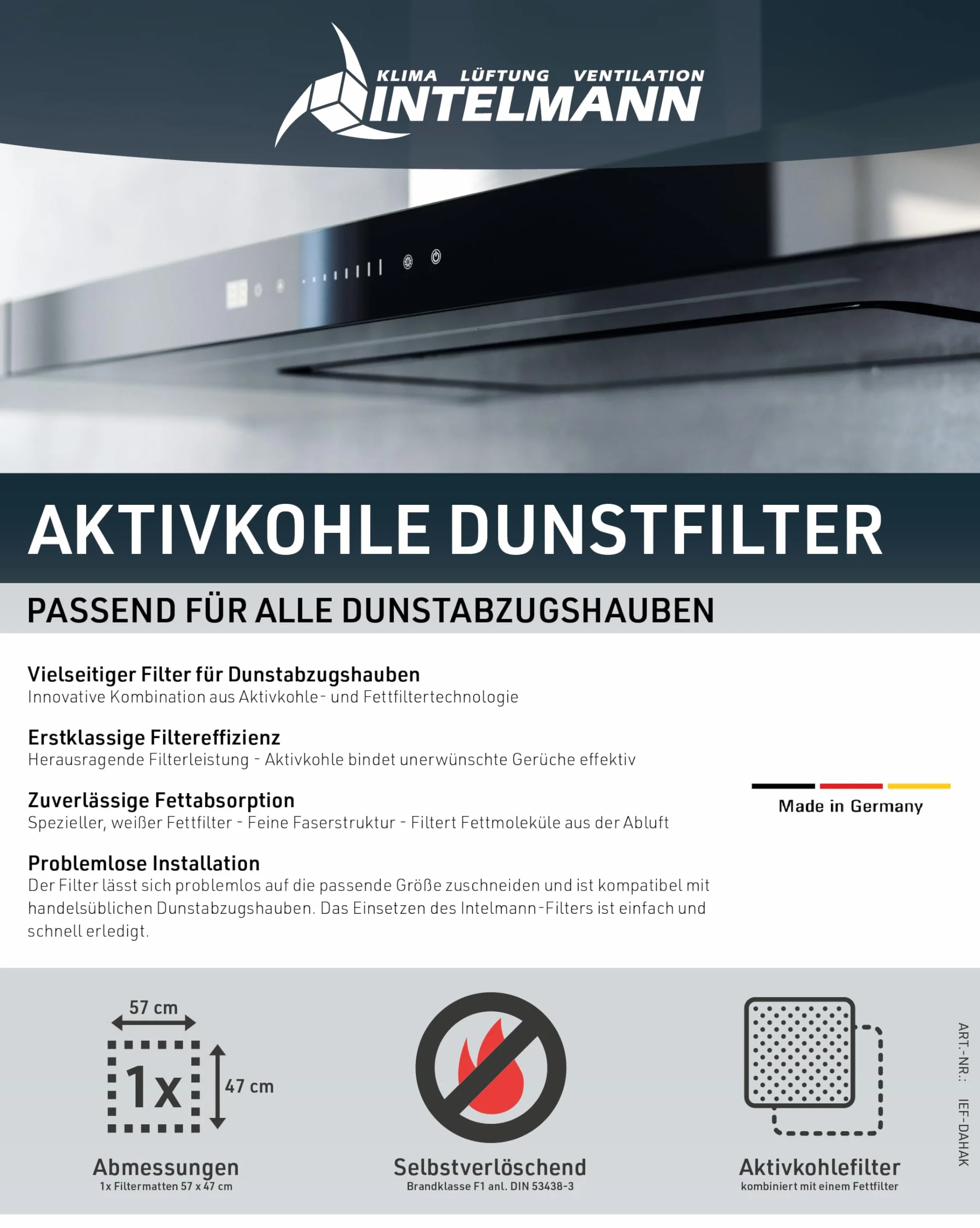 Intelmann® Uniwersalny filtr do okapów kuchennych z węglem aktywnym i filtrem tłuszczu, 57 x 47 cm, bardzo gruba warstwa węgla aktywnego, możliwość przycięcia, zapewnia niezawodne wchłanianie zapachu