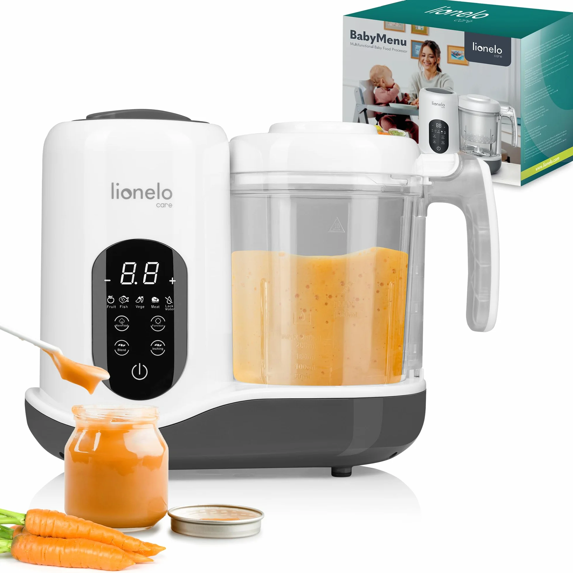 LIONELO BABYMENU Wielofunkcyjny Robot Kuchenny do Przyrządzania Posiłku dla Niemowląt 300 4 Programy Gotowanie na Parze, Blendowanie Podgrzewanie Rozmrażanie, Przepisy on-line