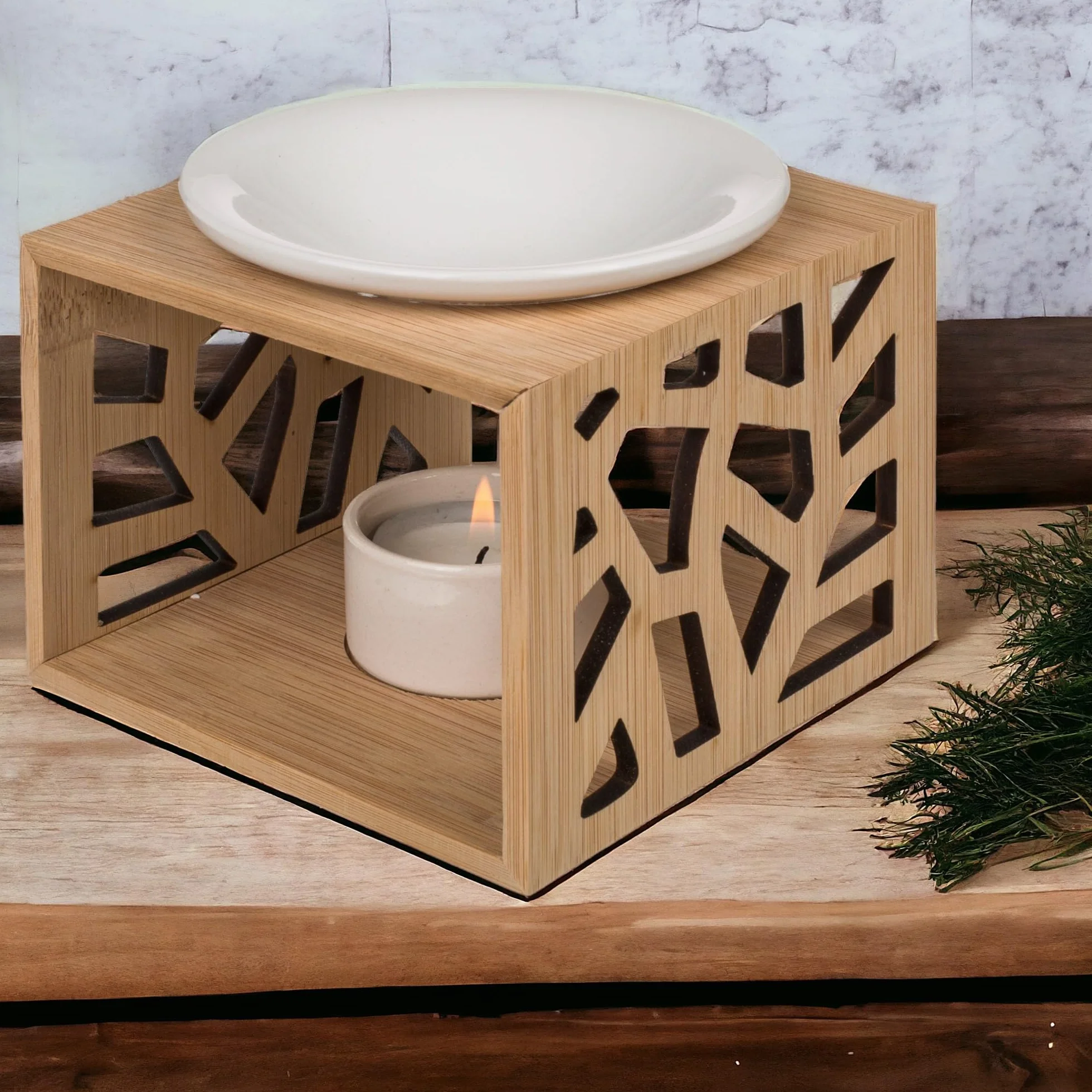 MIJOMA Lampa zapachowa wypełniona harmonią – ręcznie wykonana z drewna, z elegancką białą misą ceramiczną – idealna do urzekających zapachów i duchowego relaksu – wymiary ok. 12 x 12 cm