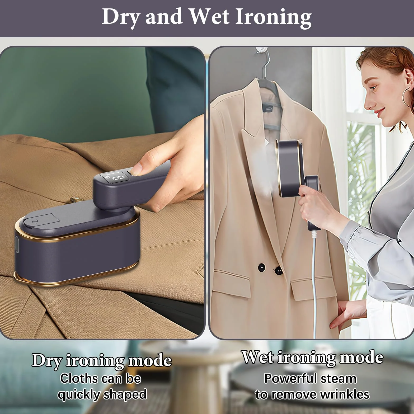 Steam Iron Travel Steamer z ekranem LCD, szybkie nagrzewanie 10 s, 2000 W, z obrotowym uchwytem o 180°, przenośny ręczny parowar do ubrań, 3 poziomy pary, do podróży, domu, biura (szary)