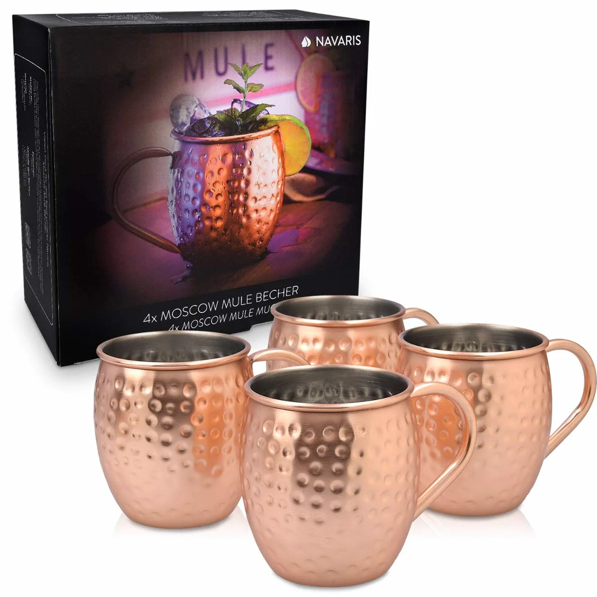Navaris Moscow Mule zestaw 4 kubków – 4 x miedziane kubki do piwa z Moskwy Mule Gin – kubek koktajlowy młotkowany – filiżanka ze stali nierdzewnej z miedzią