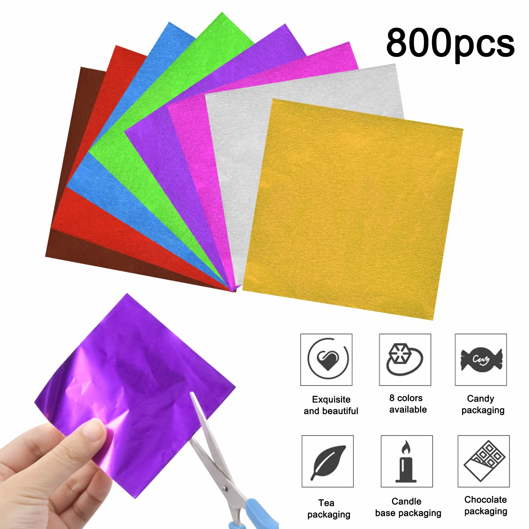 Folia aluminiowa, opakowania na słodycze, czekoladę, jakość spożywcza, kwadratowa folia, papier do pakowania cukierków, do samodzielnego wykonania słodyczy i czekolady, 800 sztuk, 8 kolorów