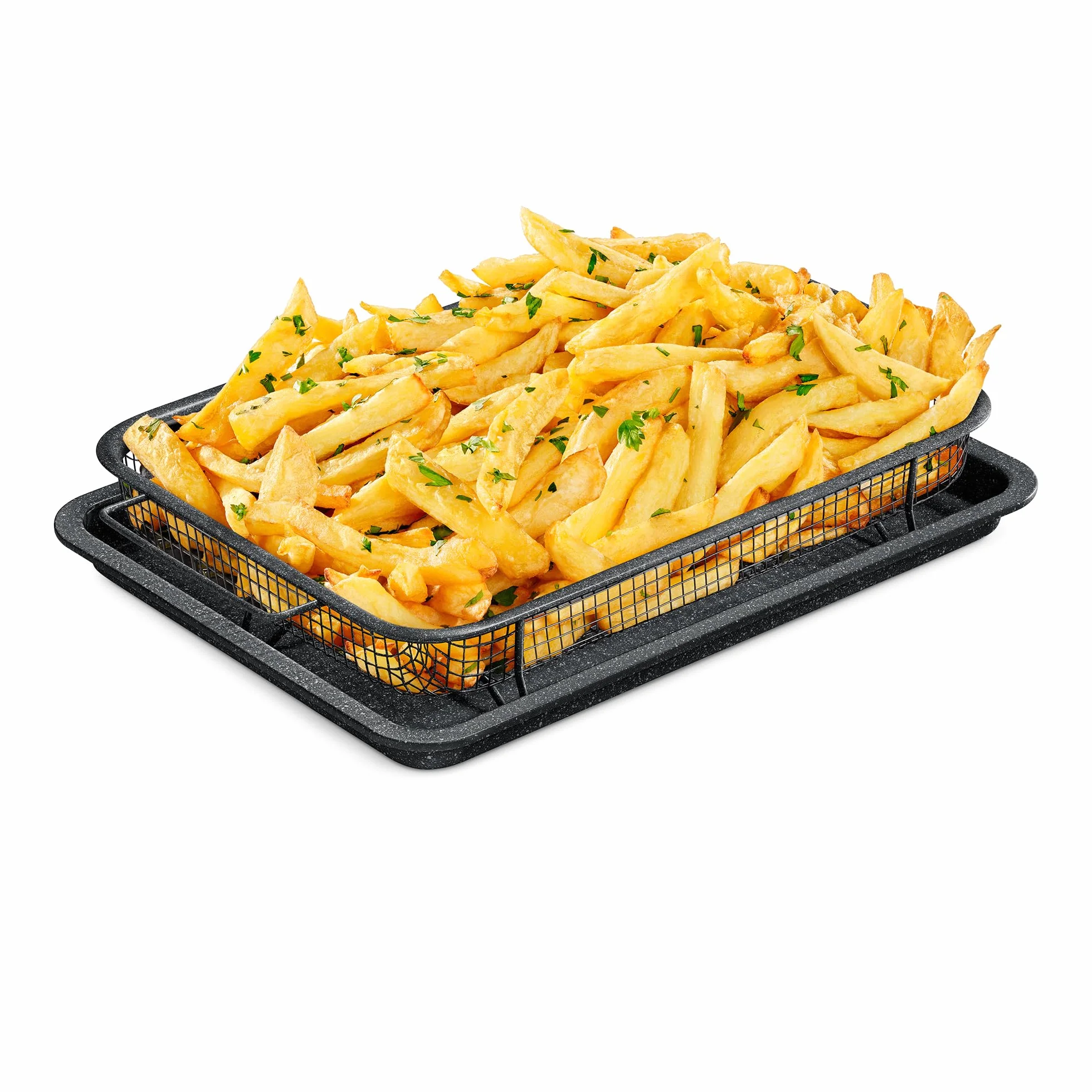 Bakken Swiss Crisper Tray – 2-częściowy zestaw – szary marmur, nieprzywierający kosz dla zdrowszego gotowania w zwykłych piekarnikach – uzyskaj idealnie chrupiące chipsy, bekon i nie tylko
