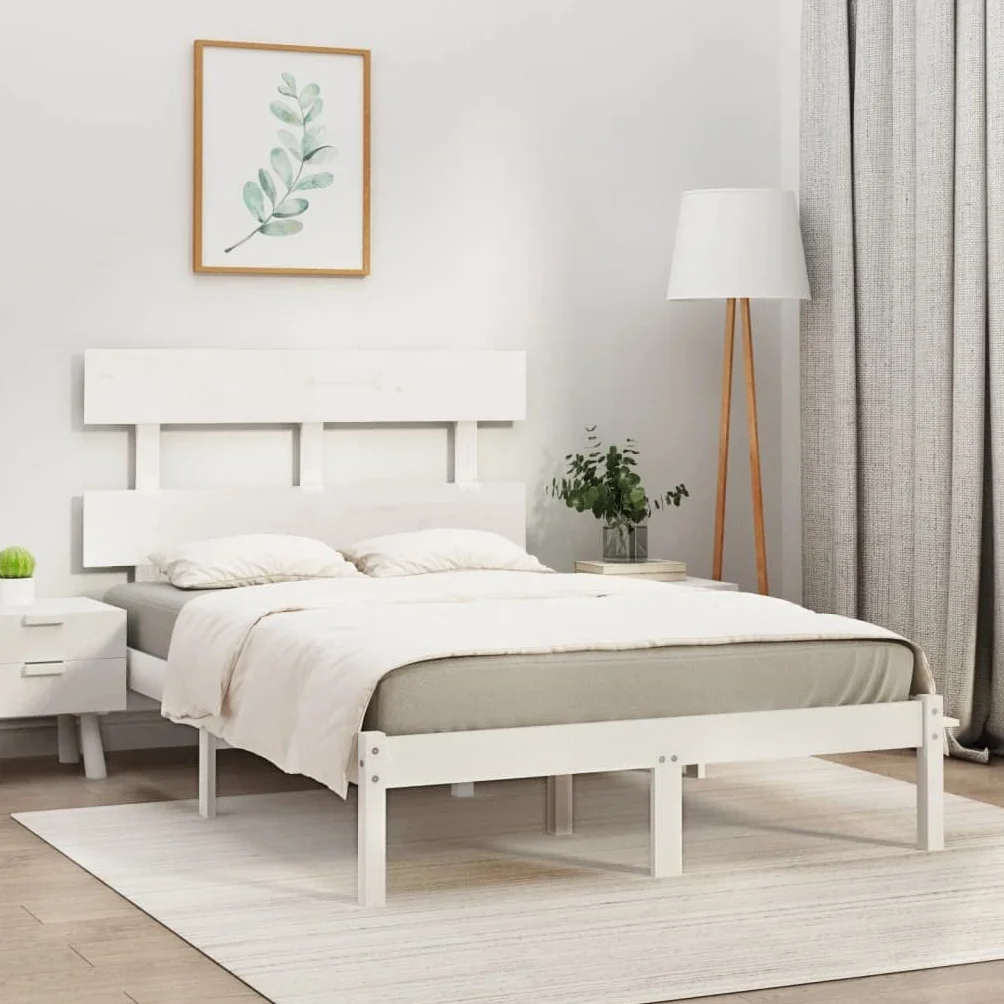Lite drewno sosnowe Ponadczasowy rustykalny styl Klasyczny biały 120x200 cm | Rama łóżka z litego drewna sosnowego biała 120x200 cm solidna i stabilna z zagłówkiem do sypialni