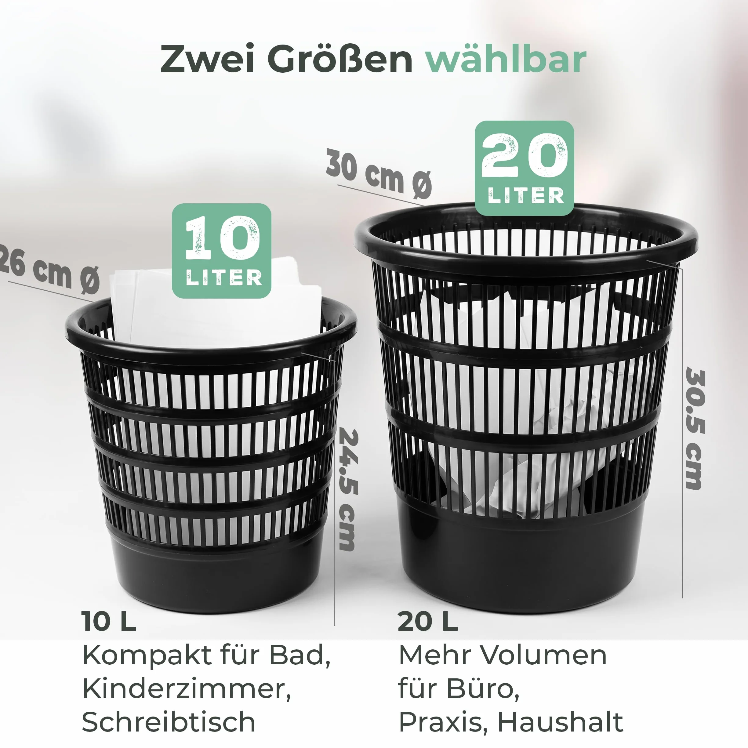 Novaliv Kosz na papier biurowy, okrągły, 10 l, czarny, zestaw 10 sztuk, Ø 24 cm, z otworami o wyglądzie siateczki, do biura, na biurko i do gabinetu, czarny, okrągły (Kuns