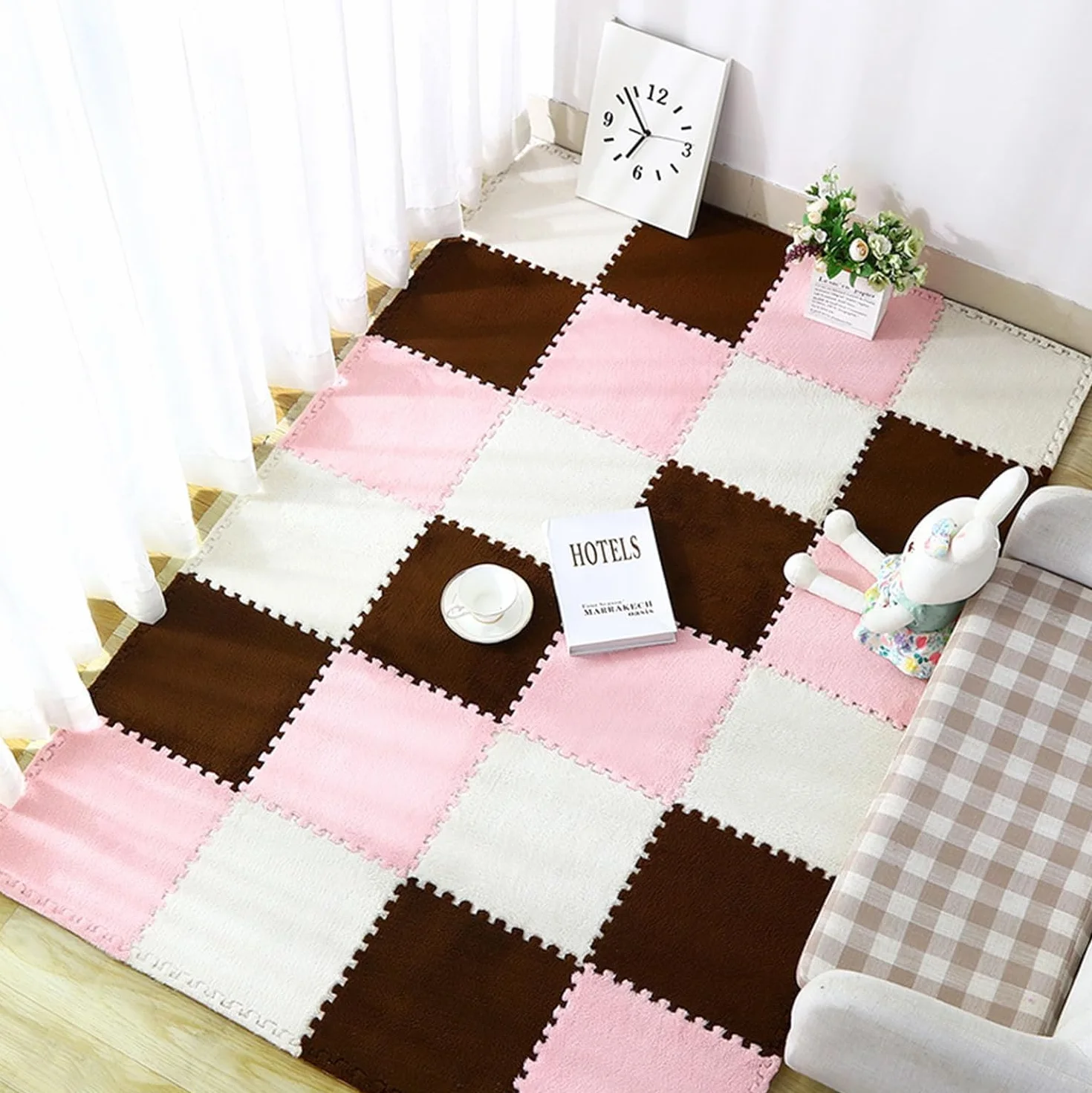 Blokująca pluszowa piankowa mata podłogowa, kwadratowa piankowa układanka do samodzielnego krojenia, dywan, miękka antypoślizgowa mata wspinaczkowa(White+Pink+Dark Coffee,30pcs)