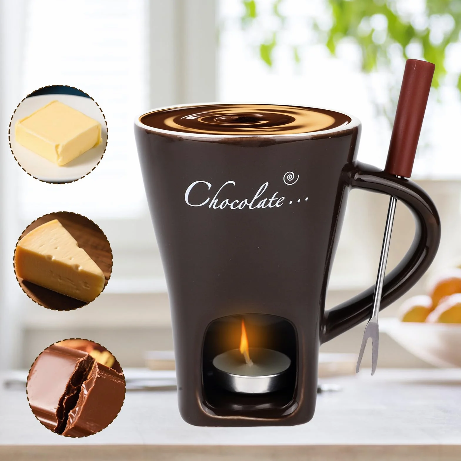 Kubek Fondue Czekoladowego z Widelczykiem i Podgrzewaczami, Słodki Kubek Roztapiania Czekolady Ceramiczny Zestaw Fondue Czekolada Ser Cukierki Idealny Prezent Randkę Urodziny (Ciemnobrązowy)