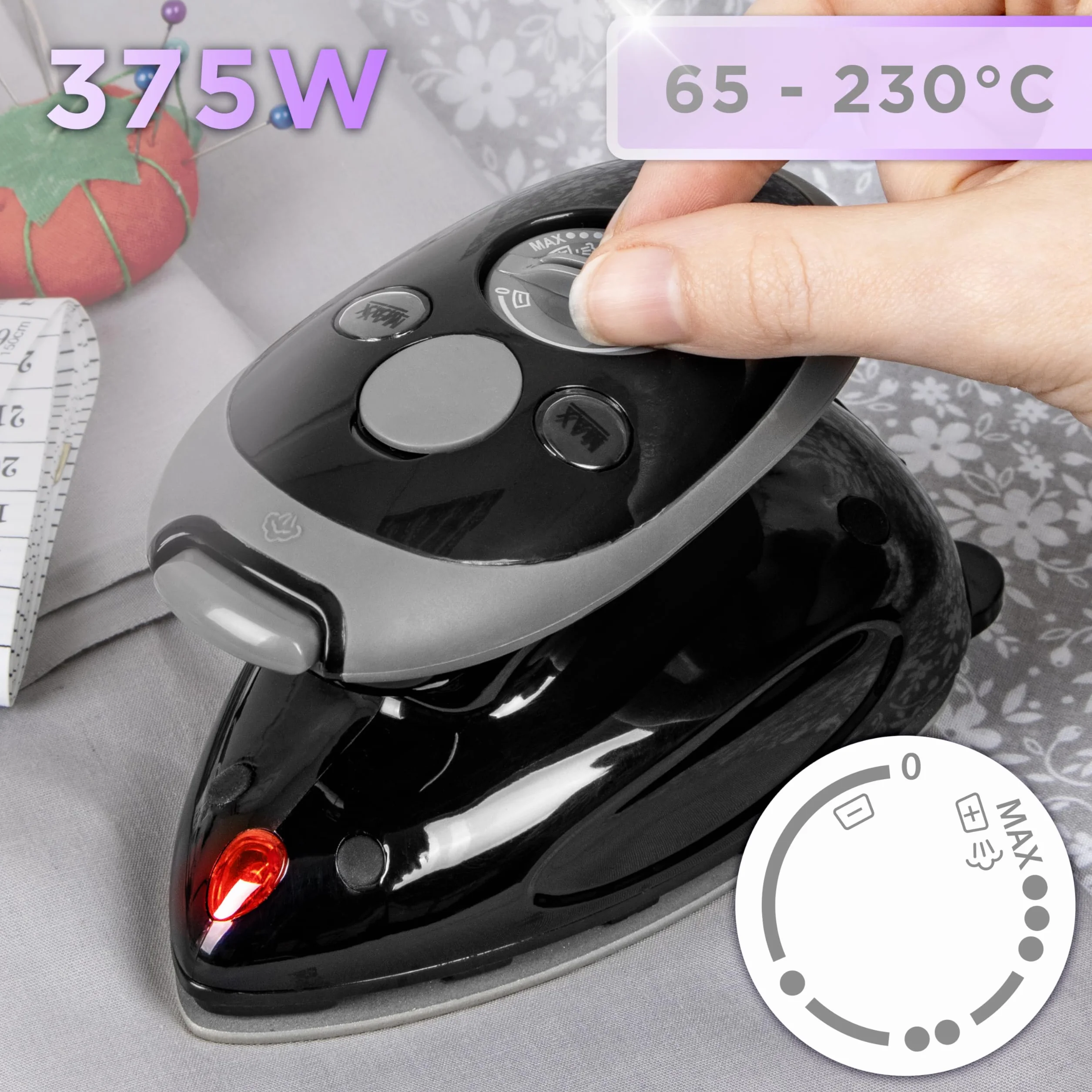 Duronic SI2 BK Żelazko podróżne 375W czarne | Pokrowiec i pojemnikna wodę 50ml | funkcja pary | turystyczne mini żelazko na wyjazdy | nieprzywierająca stopka | dla rawo - i leworęcznych | decoupage