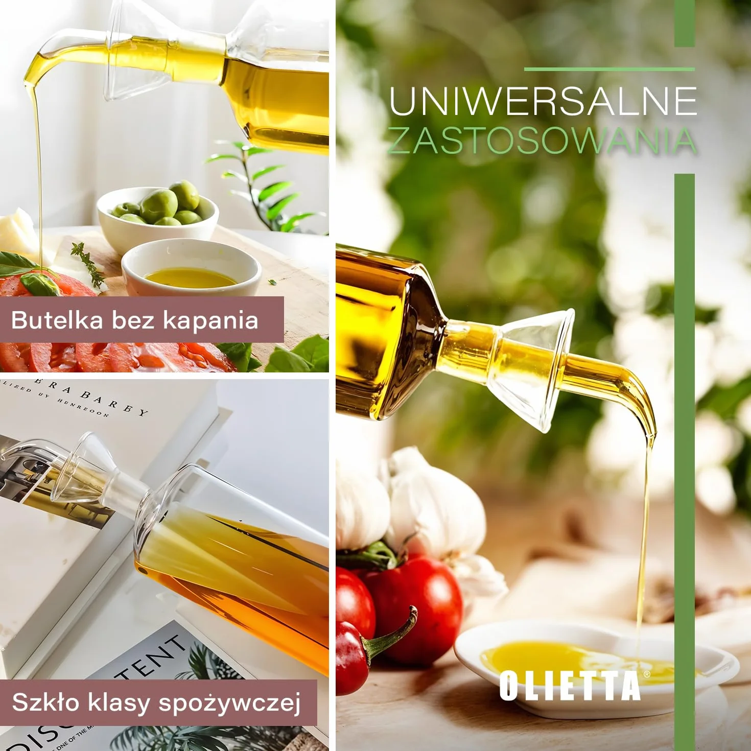Olietta Szklany dozownik oliwy borokrzemianowy, 500 ml – niekapiący, szczelny nalewak do oliwy i octu, łatwy w czyszczeniu, niekapiąca butelka do kuchni