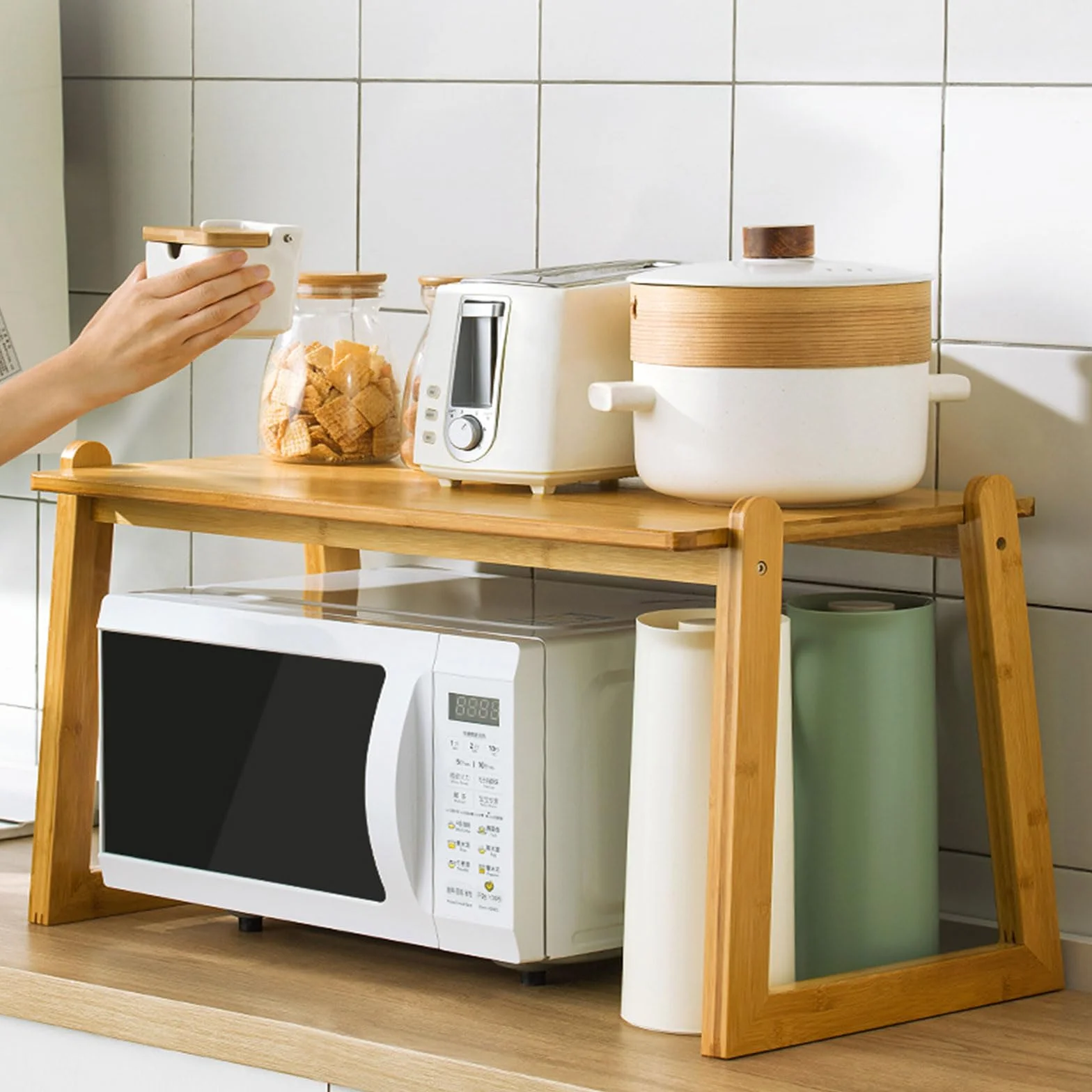 2-poziomowy drewniany stojak na kuchenkę mikrofalową stojak kuchenny na toster i urządzenia oszczędność miejsca półka do przechowywania przypraw i małych przedmiotów kuchennych