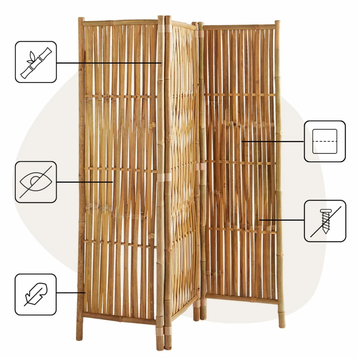 Box and Beyond - Parawan wewnętrzny - 160 x 139 cm - Przegroda pokojowa z naturalnego bambusa - 3-panelowy parawan - sypialnia, salon - wyjmowana przegroda