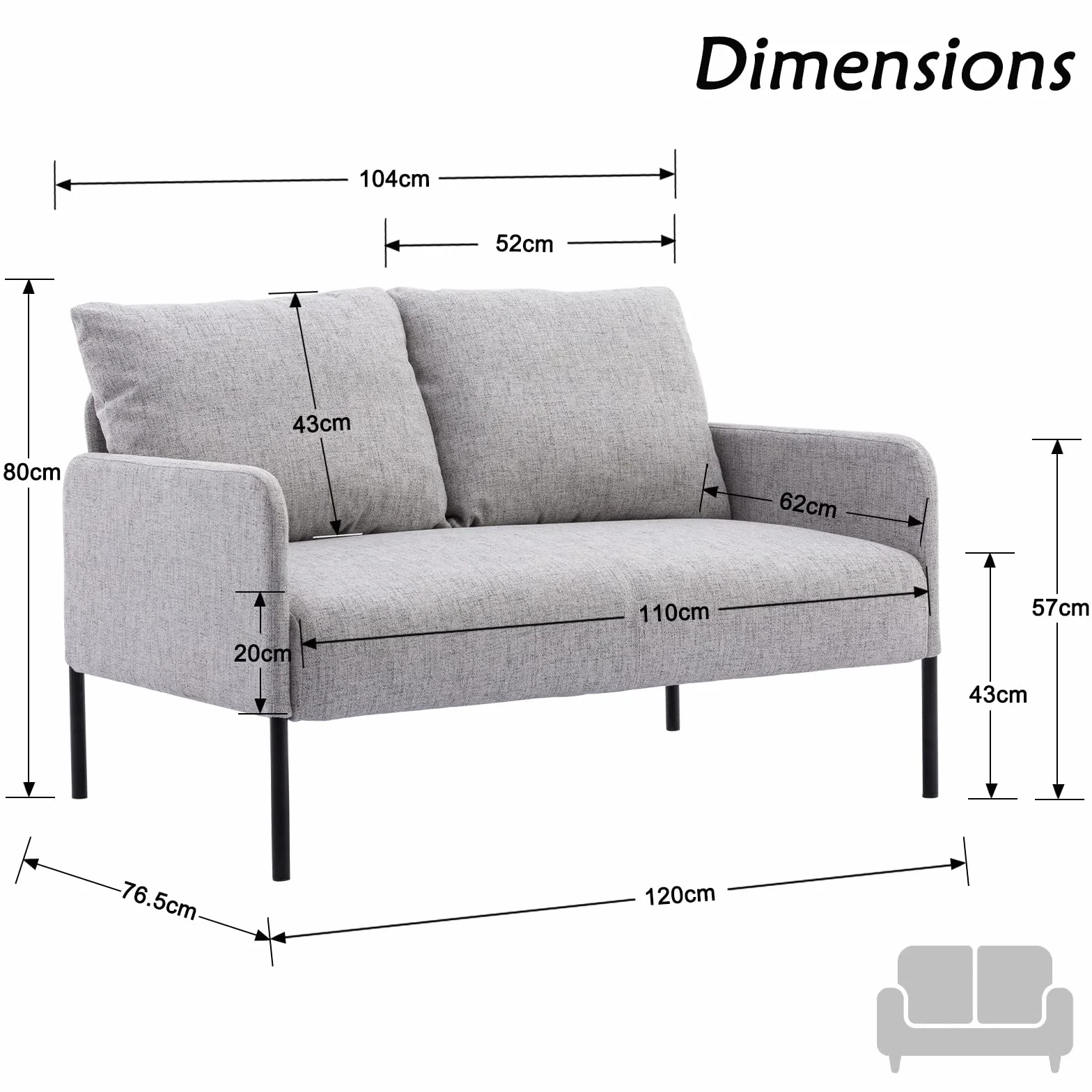 chairus Sofa 2-osobowa, nowoczesna, lniana kanapa, tapicerowana, do salonu, fotel z metalowymi nogami (szara)