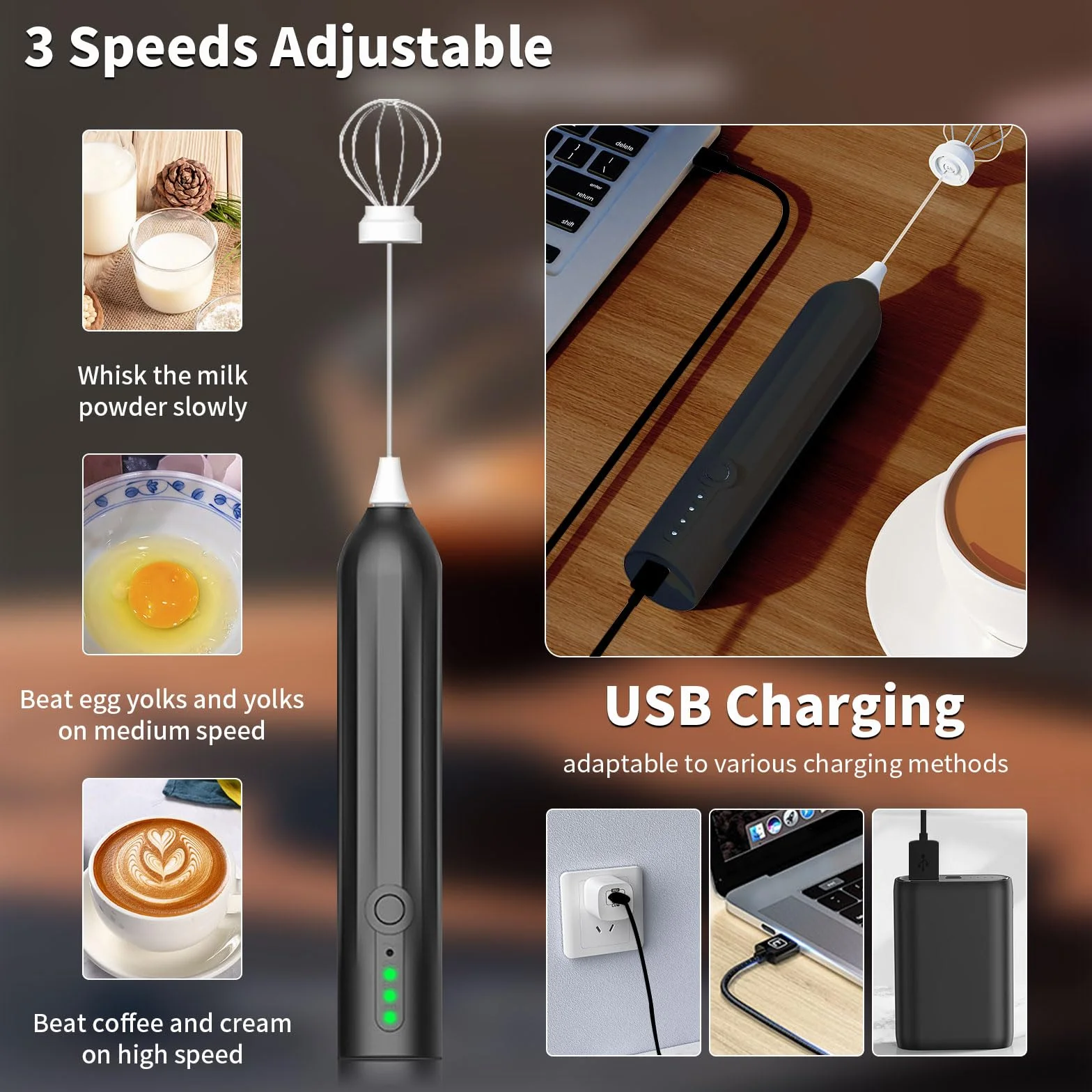 Elektryczny spieniacz do mleka z podwójnym ubijakiem, USB ​ ręczny spieniacz do mleka, 3 prędkości, do miksera ręcznego, mleka, spienionego mleka, miksera do jajek, kawy, cappuccino, latte