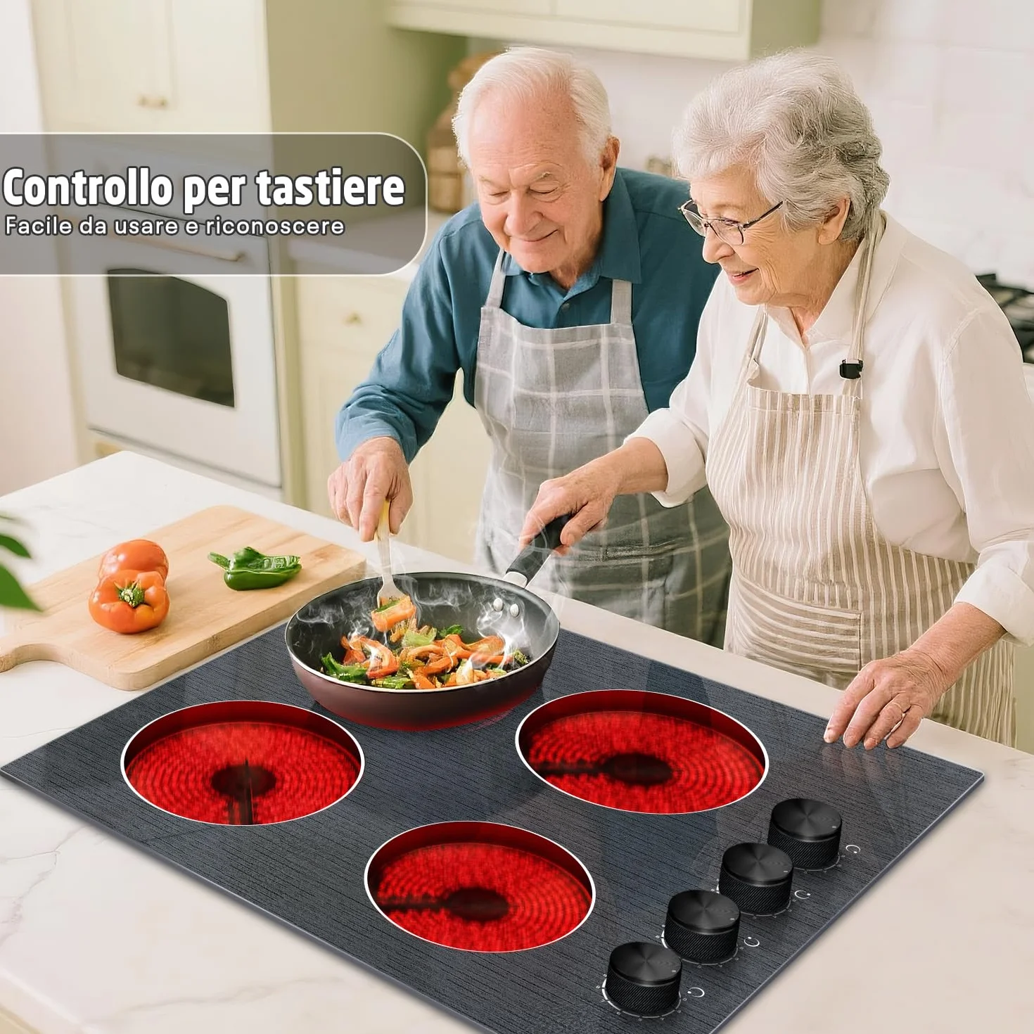 NOXTON płyta szklano-ceramiczna 4 płyty ze sterowaniem pokrętłem, płyta elektryczna do zabudowy 60 cm, płyta ceramiczna 4 strefy z 9 poziomami mocy, 6000 W, 220 V-240 V, bez wtyczki