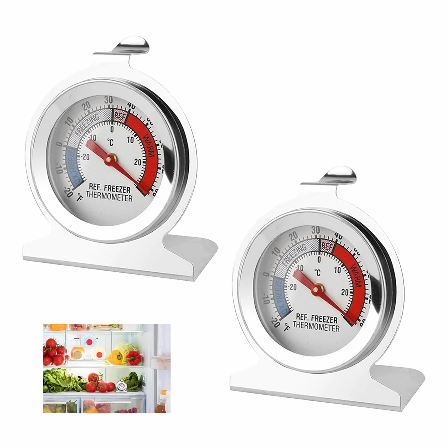 2 sztuki termometr na lodówkę, termometr do zamrażarki na lodówkę, ze stali nierdzewnej z hakiem, rozmiar od -30°C do 30°C (-20°F do 80°F), idealny do lodówki, zamrażarki, restauracji i kuchni
