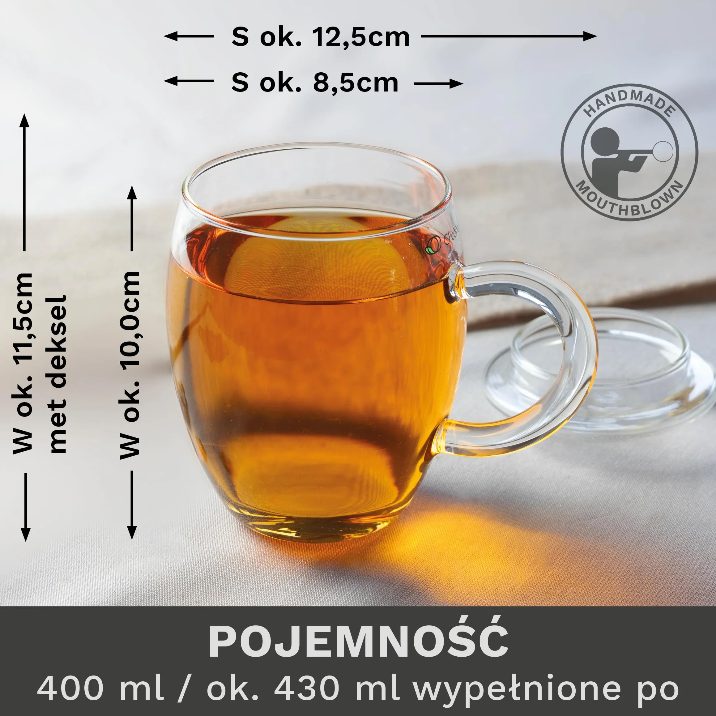 Creano Szklanka do herbaty all in one 400 ml, duża filiżanka do herbaty z sitkiem ze stali nierdzewnej i pokrywką ze szkła, zaparzacz do herbaty w atrakcyjnym opakowaniu prezentowym (1 x 400 ml)