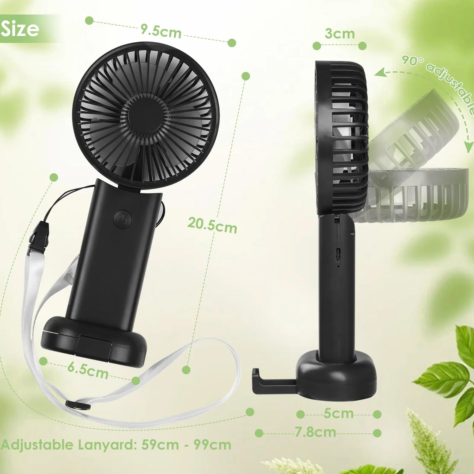 Hianjoo Wentylator 4 w 1, 4000 mAh, Składany 90°, Wentylator Szyjny, 3 Prędkości, Uchwyt na Telefon, Czarny