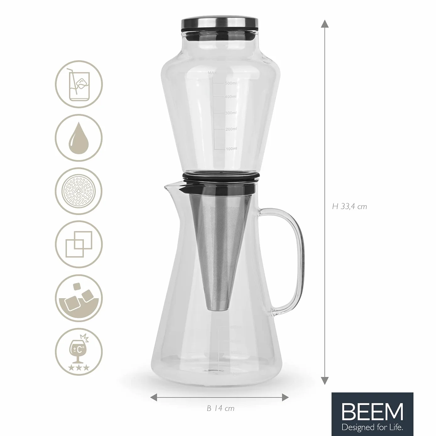 Beem Cold Drip zaparzacz do kawy na 0,5 l szkło borokrzemowe/stal szlachetna srebrno-przezroczysty, wymiary: 14 cm x 12,5,5,cm x 33,4 cm, 03075