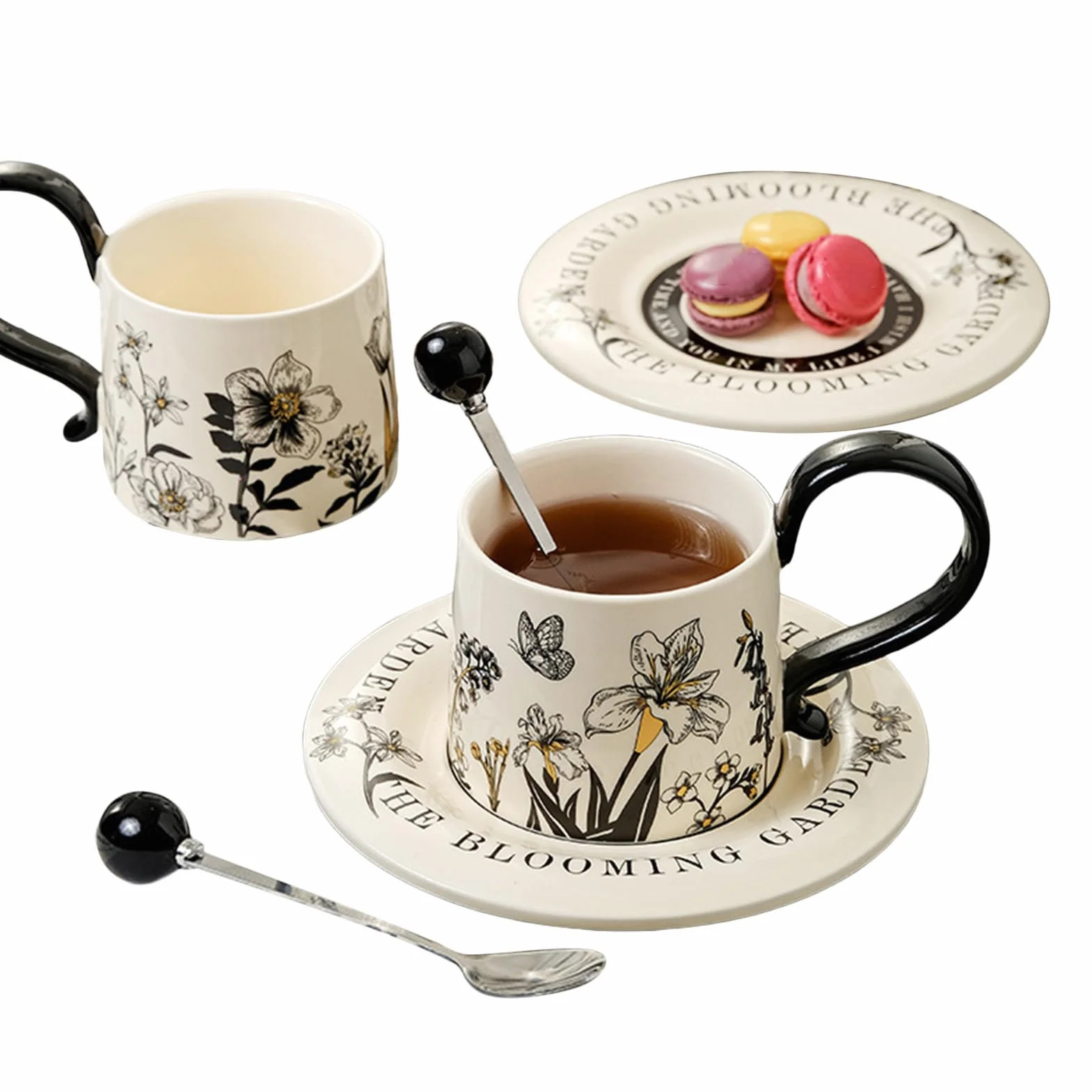 Ceramiczny kubek do kawy 260 ml z podstawkami i łyżeczkami | Ceramiczny kubek do herbaty do kawy lub herbaty do cappuccino mleko czekoladowy sok piwo dom kawiarnia restauracja Anniver