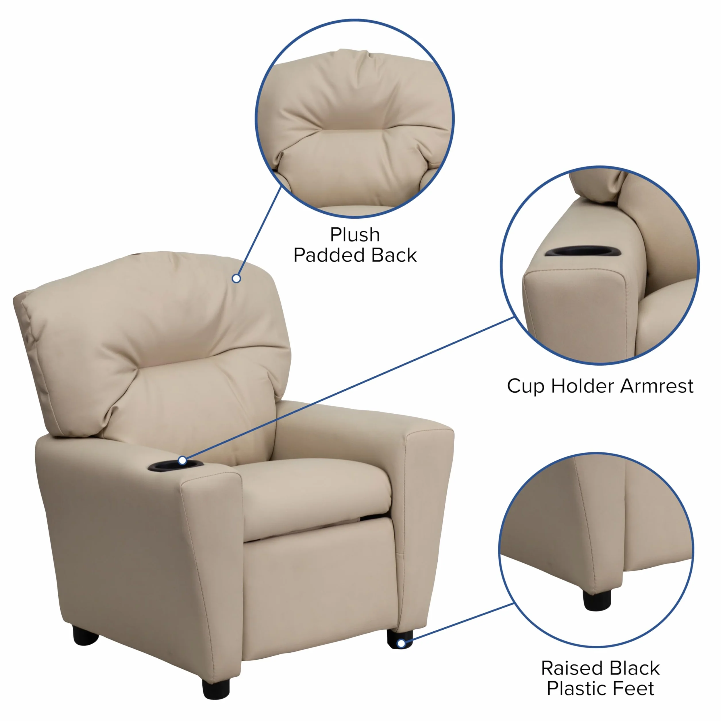 Flash Furniture Współczesny leżak dziecięcy z uchwytem na kubki, drewno, beżowy winyl, 66,04 x 53,34 x 53,34 cm