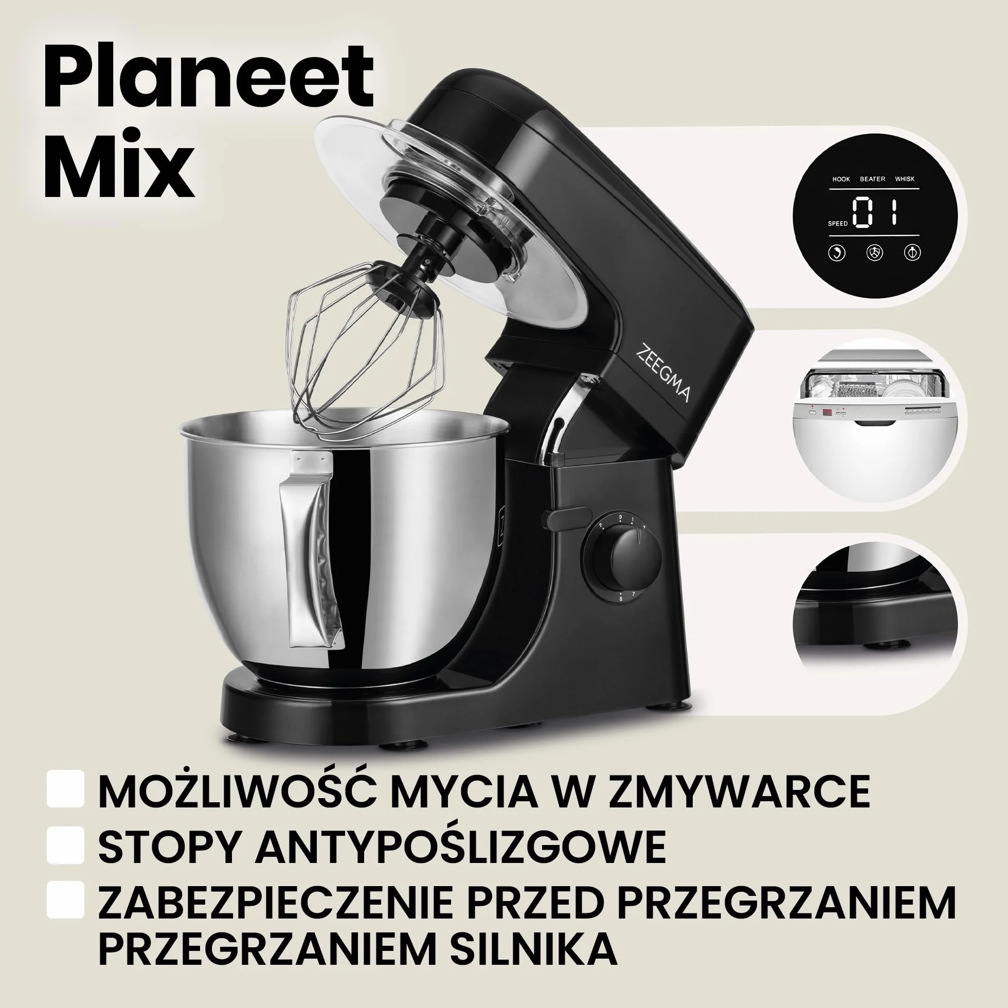 ZEEGMA PLANEET MIX Robot Planetarny 1800 W, Wielofunkcyjny Robot Kuchenny z Misą 5L z Uchwytem i Pokrywką, 8 Prędkości Pracy, 3 Narzędzia Miksujące Panel Dotykowy (Czarny)