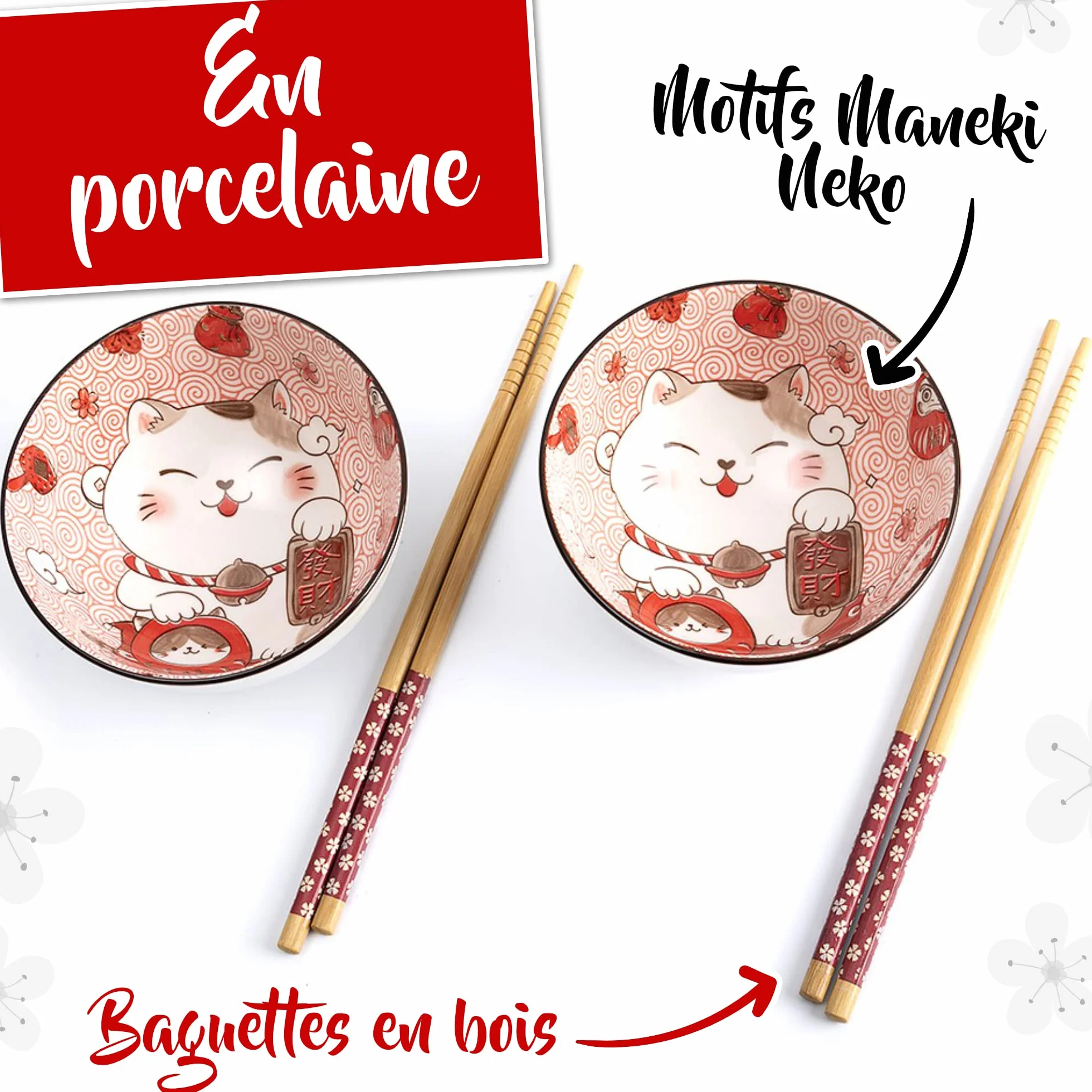 Lachineuse - 2 miski Maneki Neko - Pudełko Miseczek na ryż, śniadanie i zupę - Japońska zastawa stołowa z porcelany - z pałeczkami - kot szczęśliwy - japoński prezent - Kawaii Japan Deco
