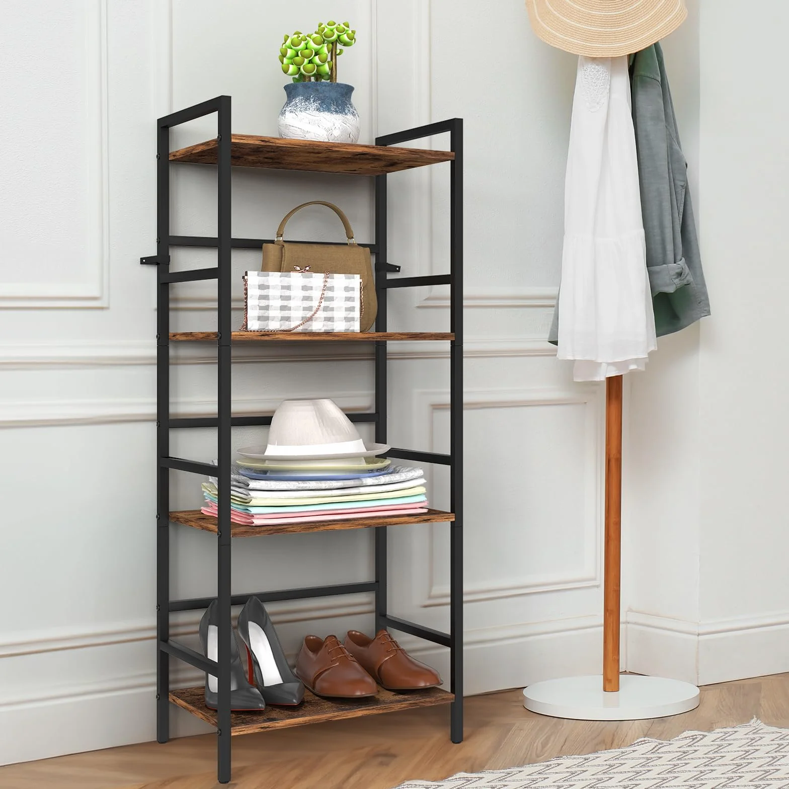 CADUKE 4-poziomowa półka na książki z miejscem do przechowywania Industrial Open Etagere Bookcase Wood Metal Book Shelf Stand Brown Regały na książki do salonu, sypialni, biura