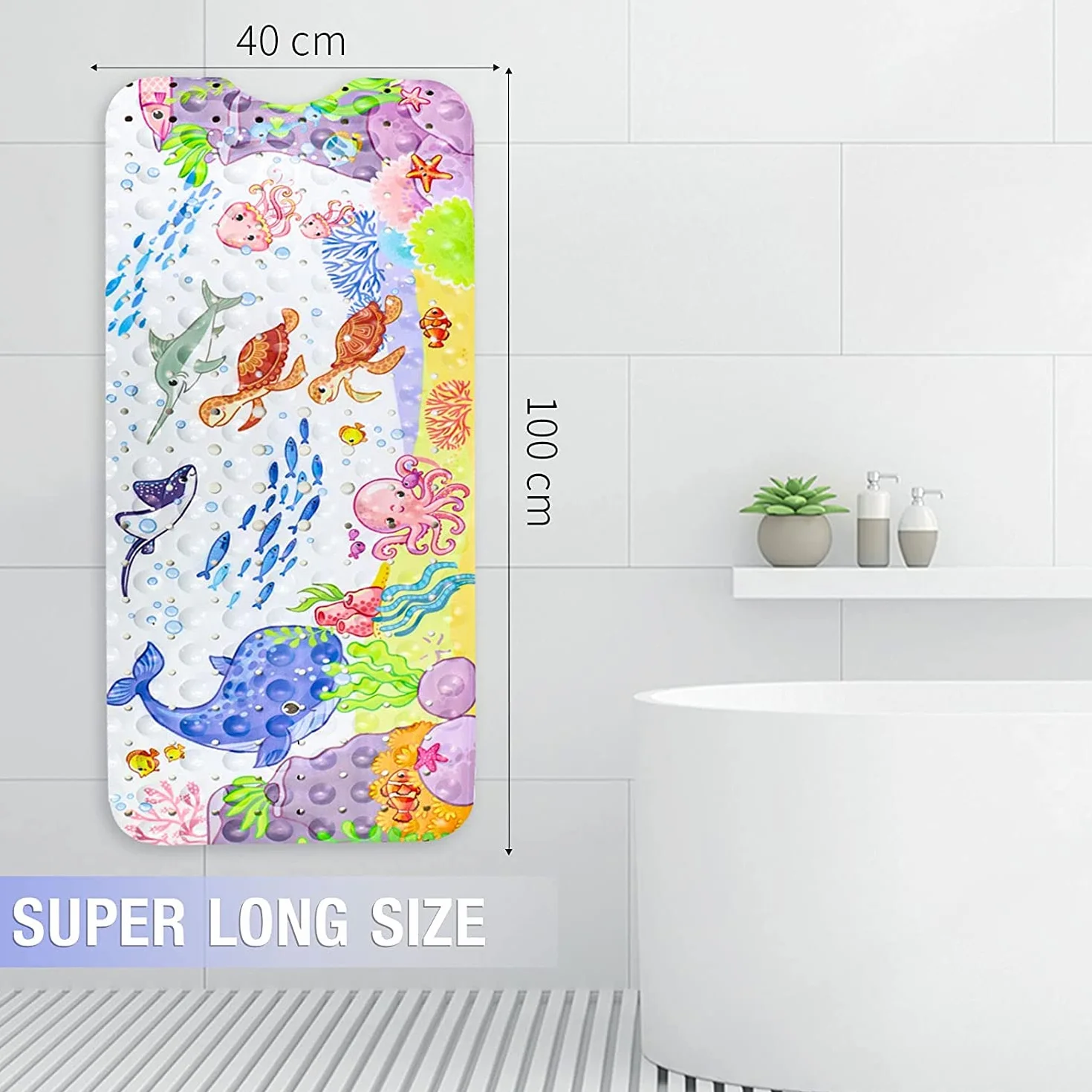 Antypoślizgowa mata do wanny dla dzieci (100 x 40 cm), obraz zwierząt morskich, mata łazienkowa z 200 przyssawkami, antypoślizgowa mata do wanny na baby shower, antypoślizgowa, odporna na